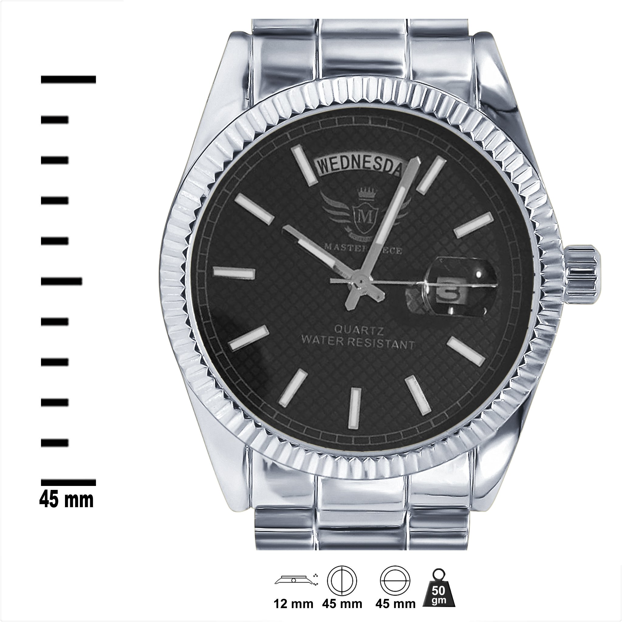 PRESIDENTIAL Masterpiece Watch featuring a classic design with day and date movement, adjustable bracelet, and splash water resistance.