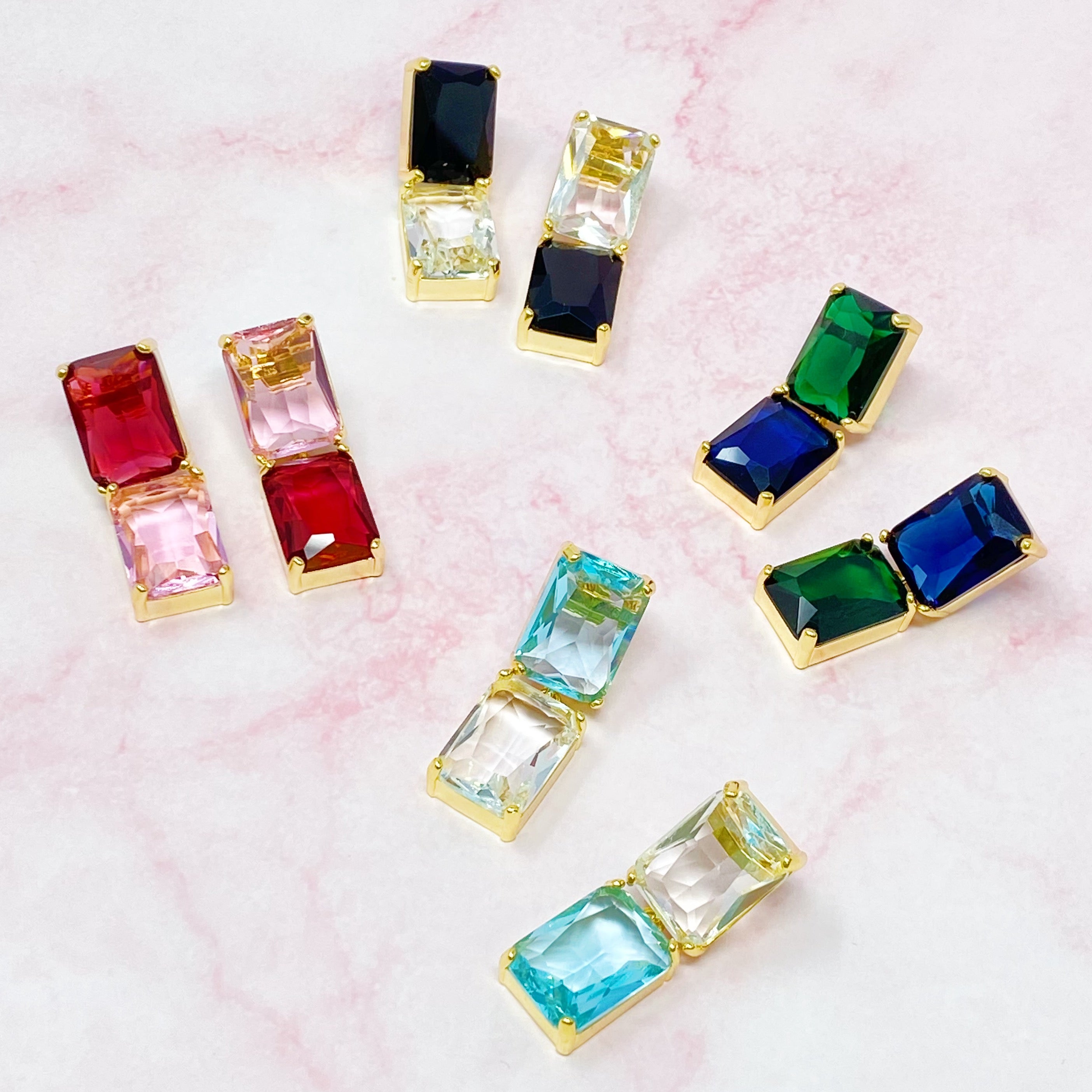 Elegant Princess Double Jeweled Earrings featuring shiny glass jewels and a unique upside-down color drop design.