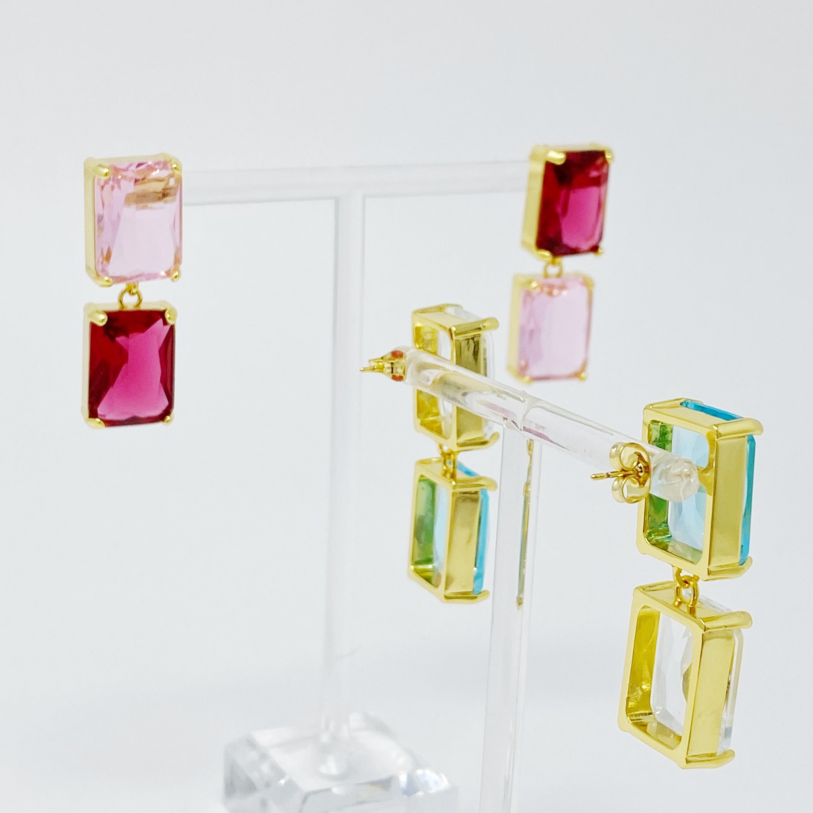 Elegant Princess Double Jeweled Earrings featuring shiny glass jewels and a unique upside-down color drop design.