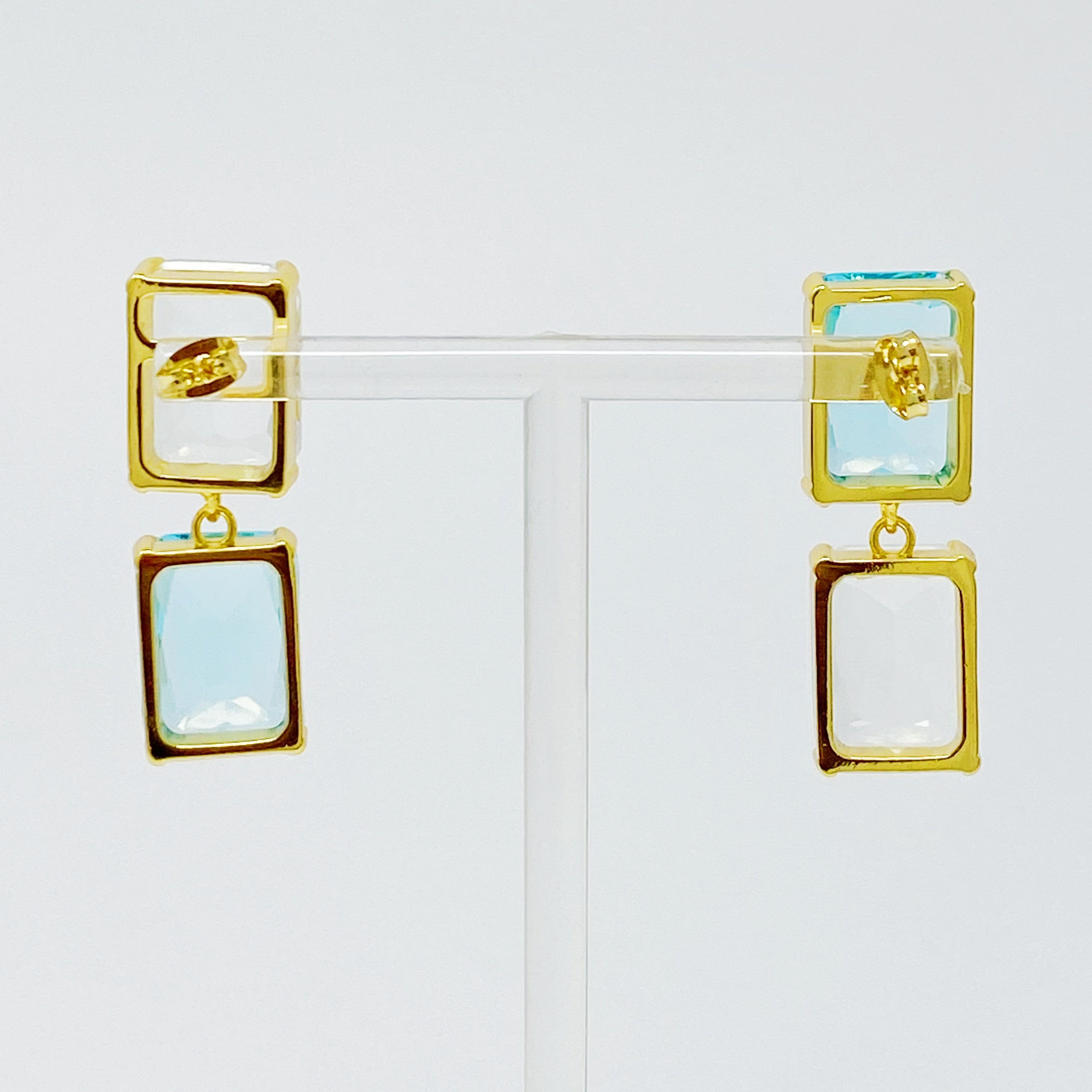 Elegant Princess Double Jeweled Earrings featuring shiny glass jewels and a unique upside-down color drop design.