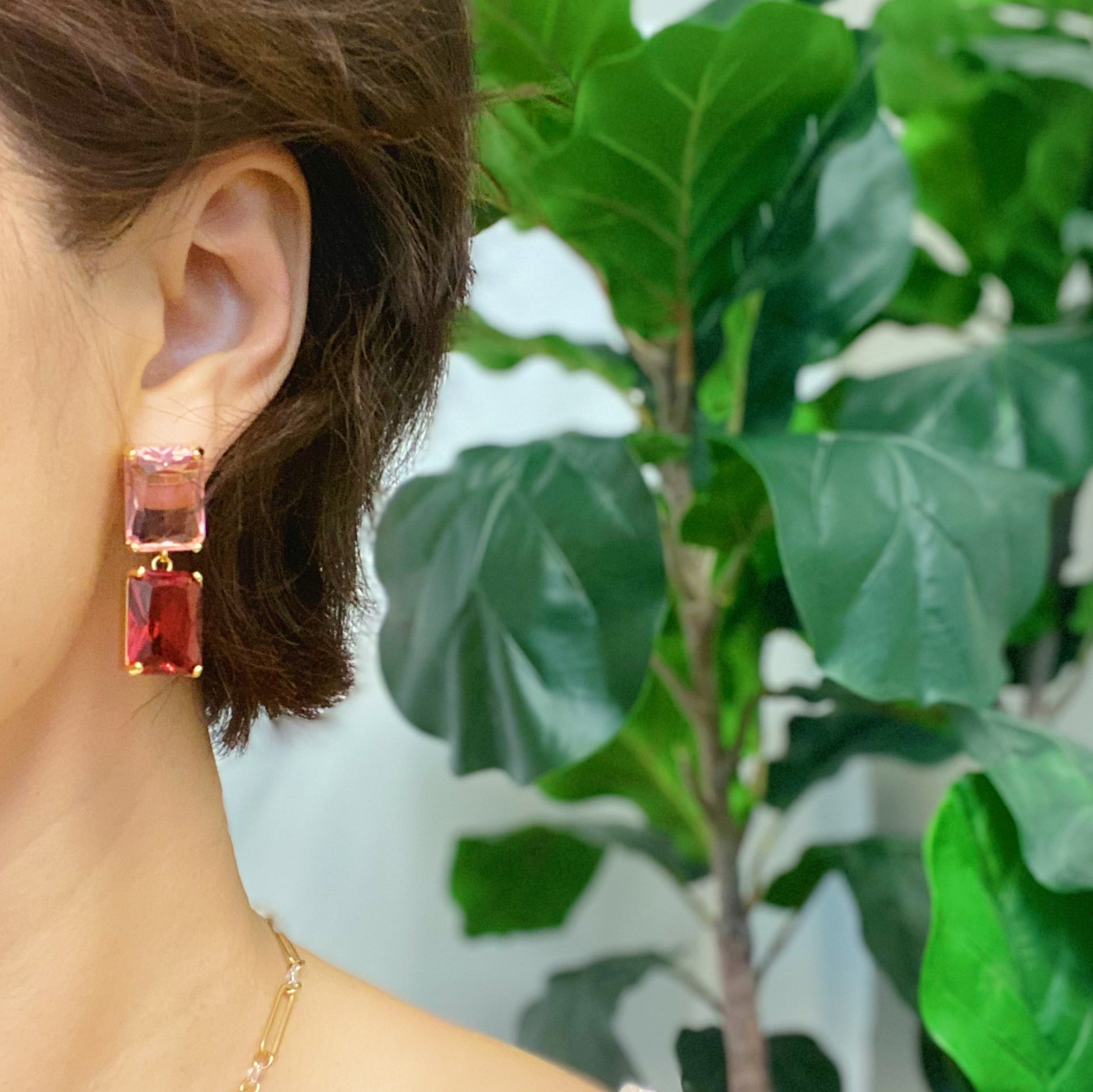 Elegant Princess Double Jeweled Earrings featuring shiny glass jewels and a unique upside-down color drop design.