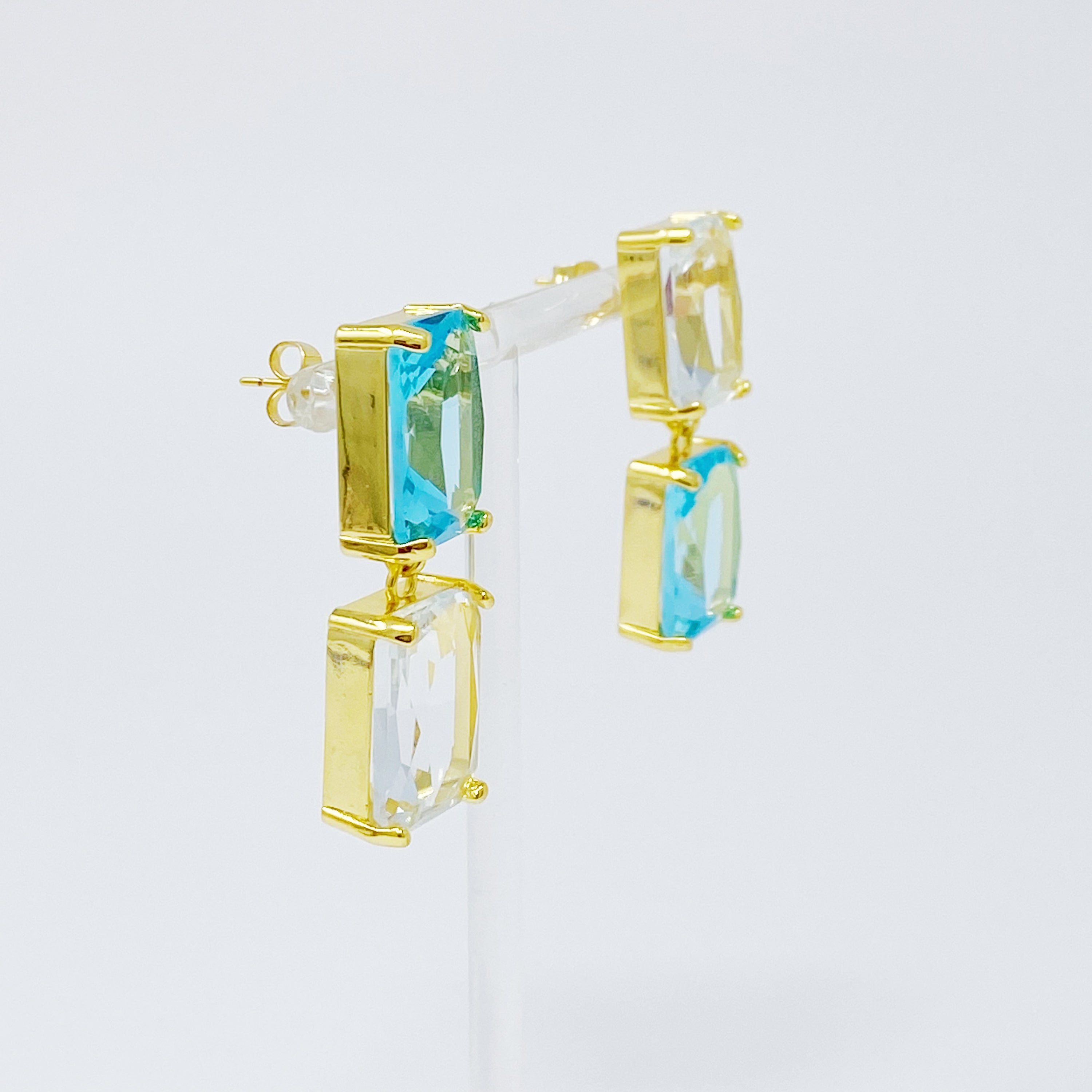 Elegant Princess Double Jeweled Earrings featuring shiny glass jewels and a unique upside-down color drop design.