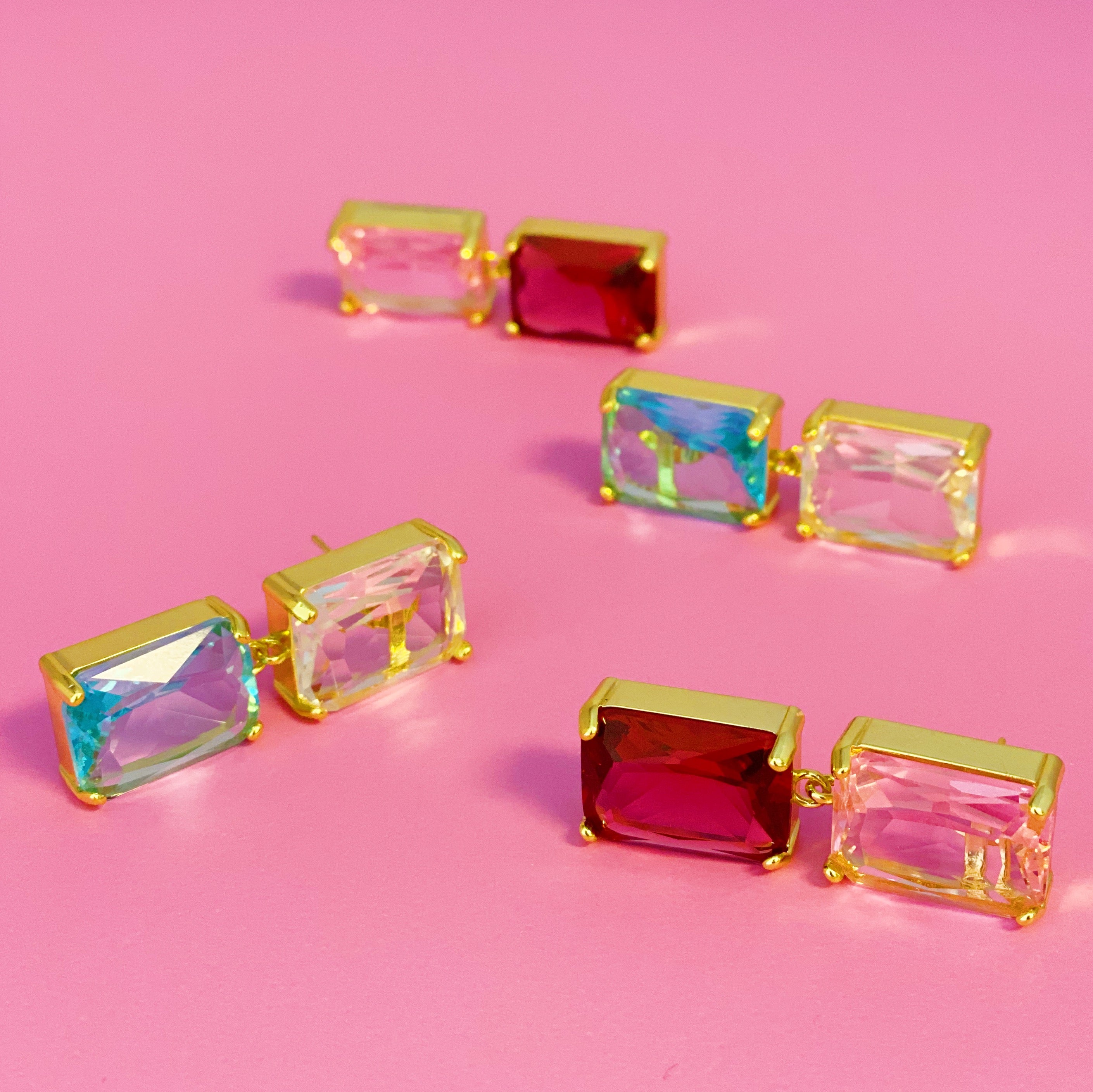 Elegant Princess Double Jeweled Earrings featuring shiny glass jewels and a unique upside-down color drop design.