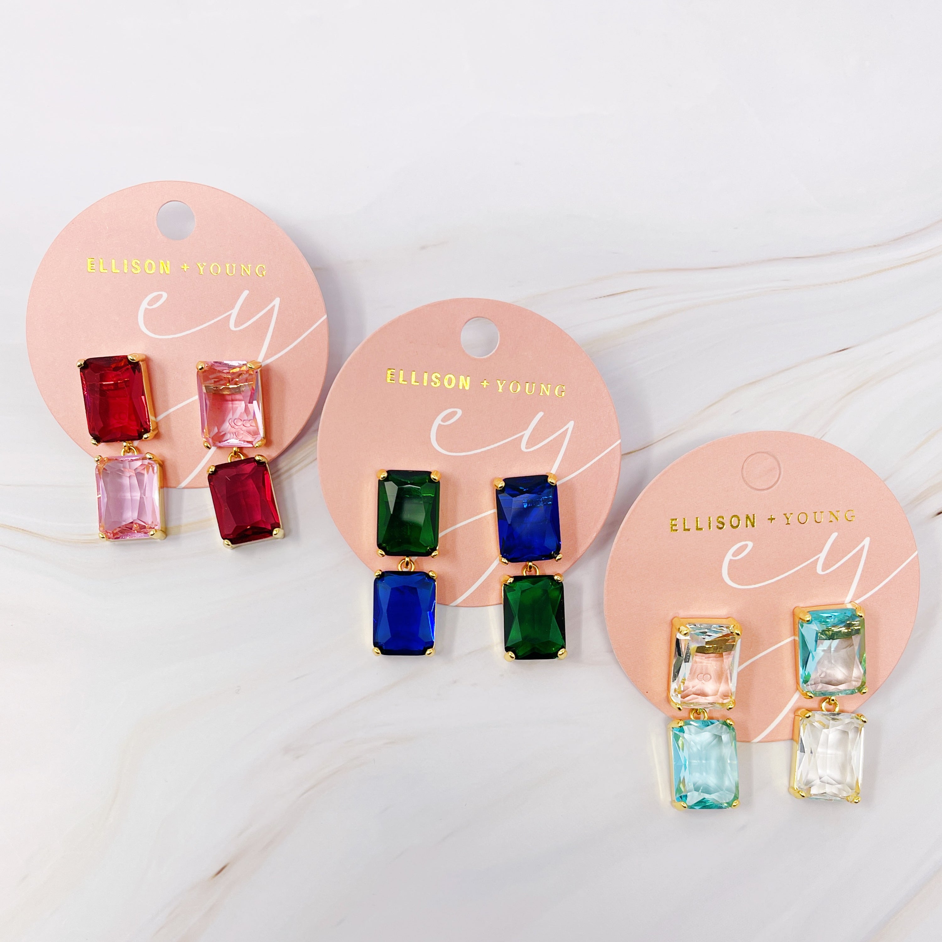 Elegant Princess Double Jeweled Earrings featuring shiny glass jewels and a unique upside-down color drop design.