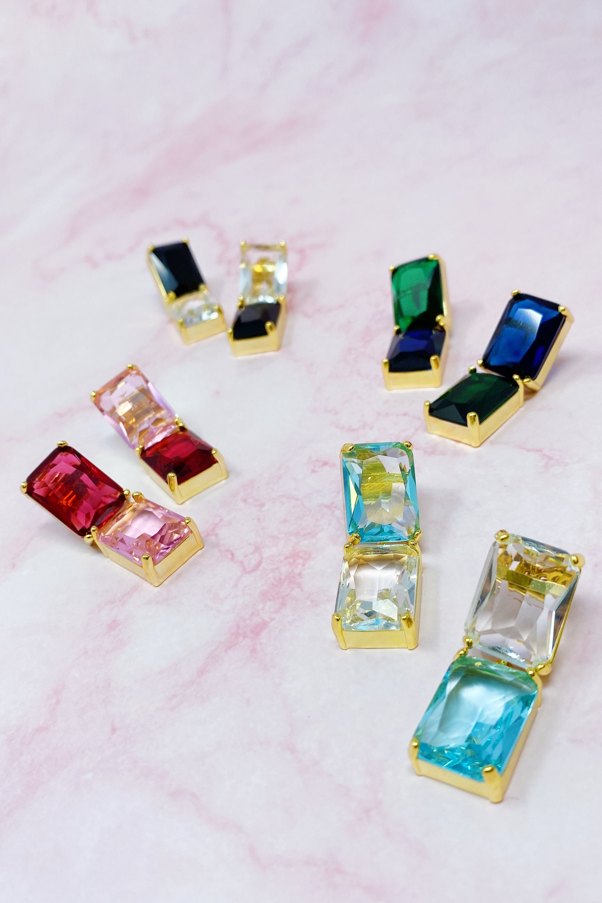 Elegant Princess Double Jeweled Earrings featuring shiny glass jewels and a unique upside-down color drop design.