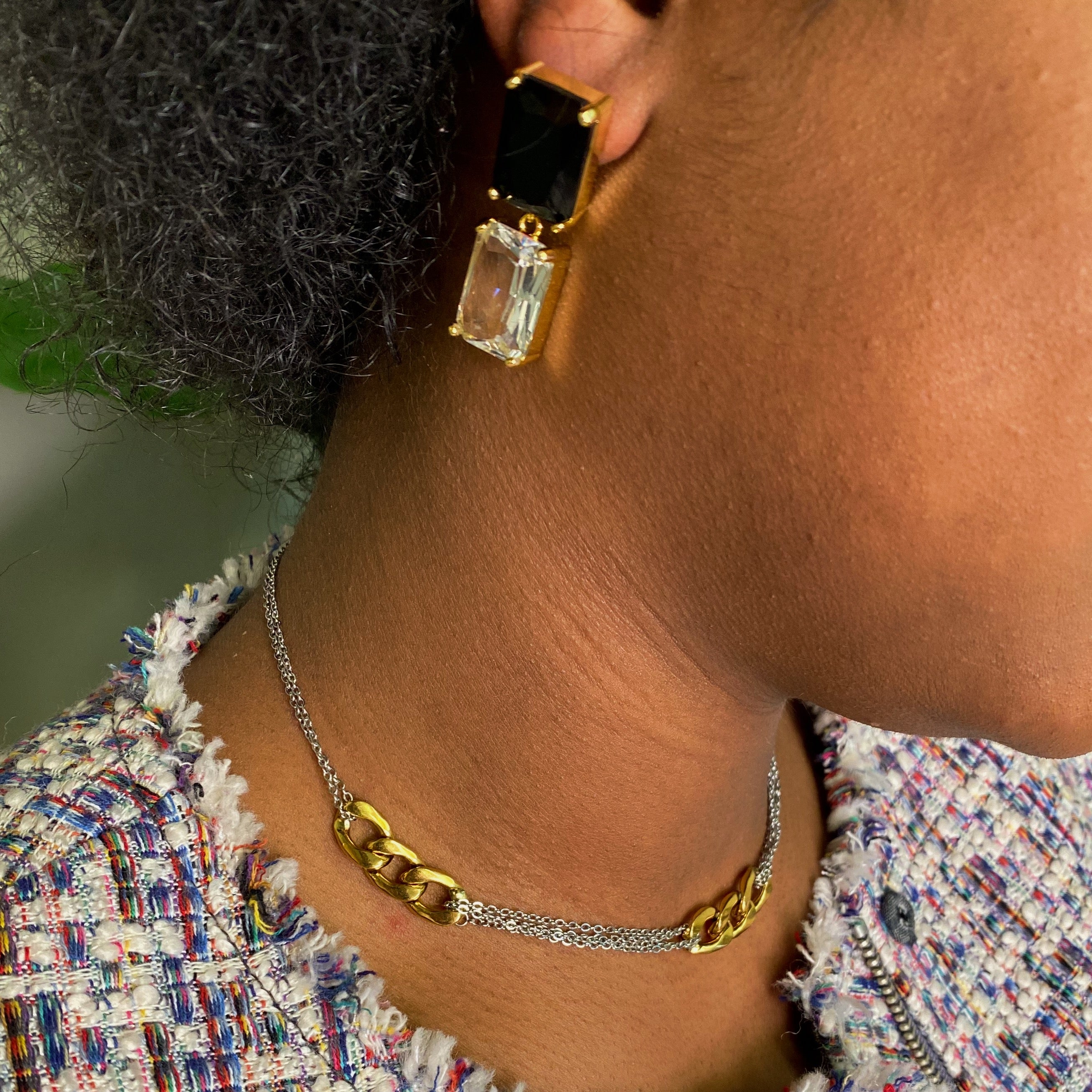 Elegant Princess Double Jeweled Earrings featuring shiny glass jewels and a unique upside-down color drop design.