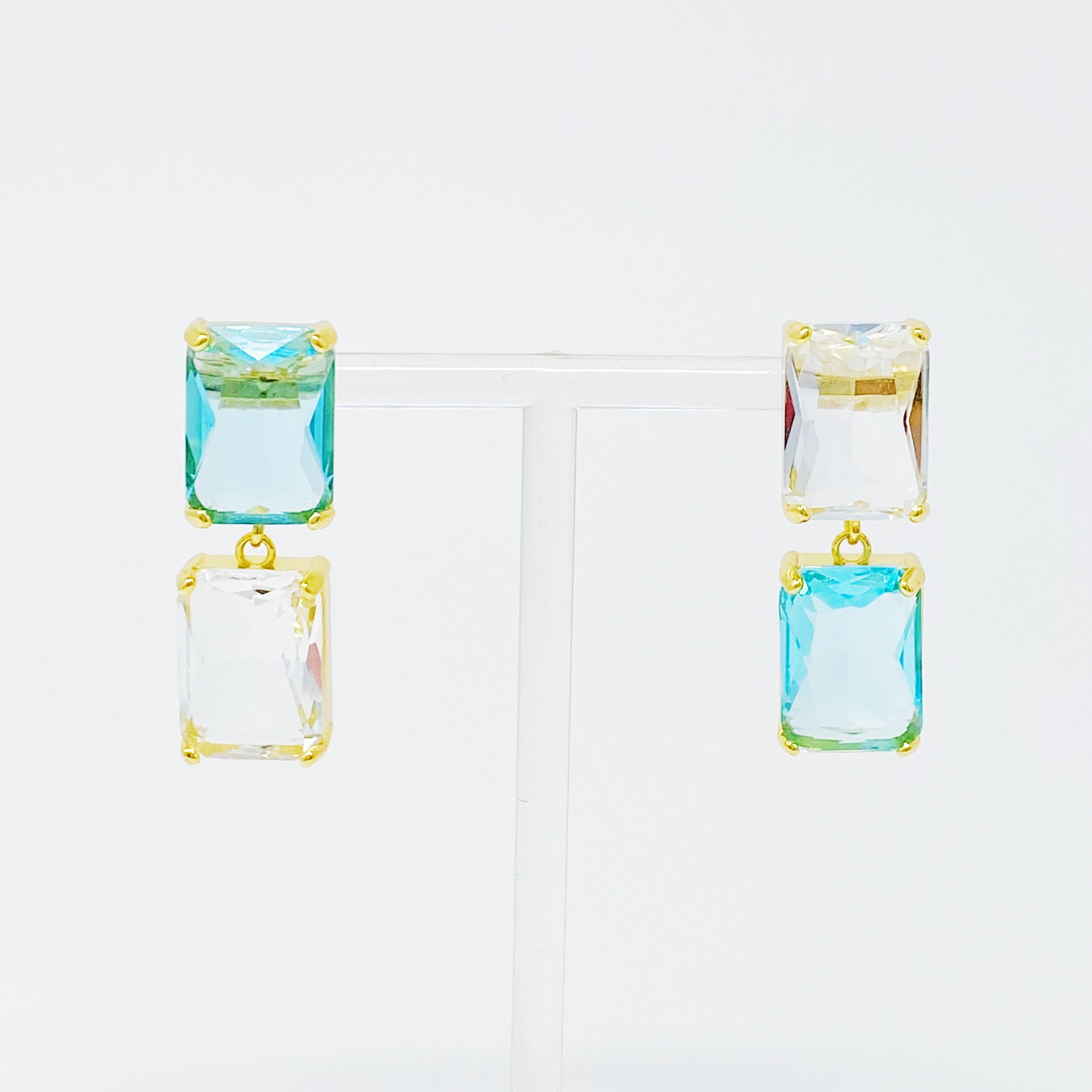 Elegant Princess Double Jeweled Earrings featuring shiny glass jewels and a unique upside-down color drop design.