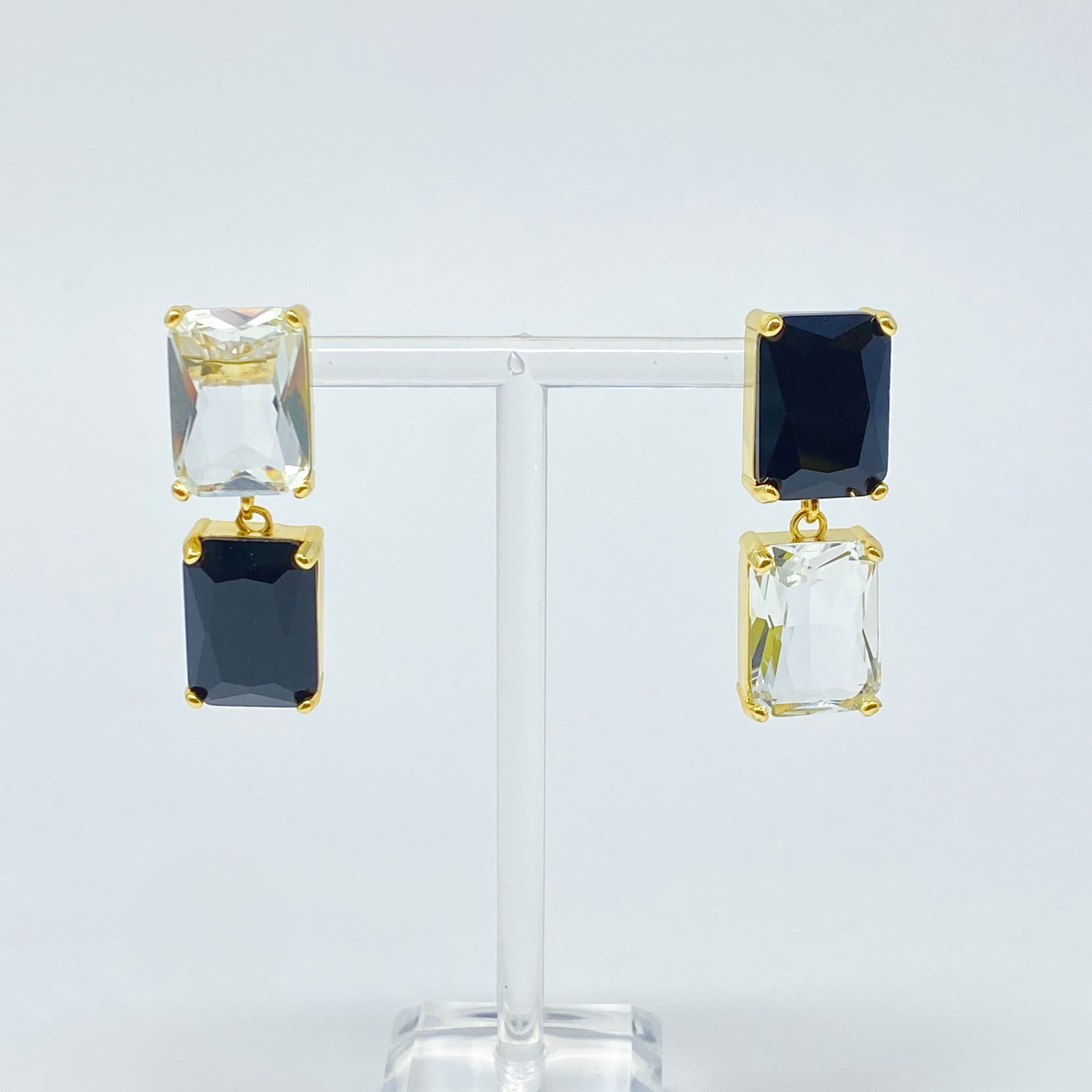 Elegant Princess Double Jeweled Earrings featuring shiny glass jewels and a unique upside-down color drop design.