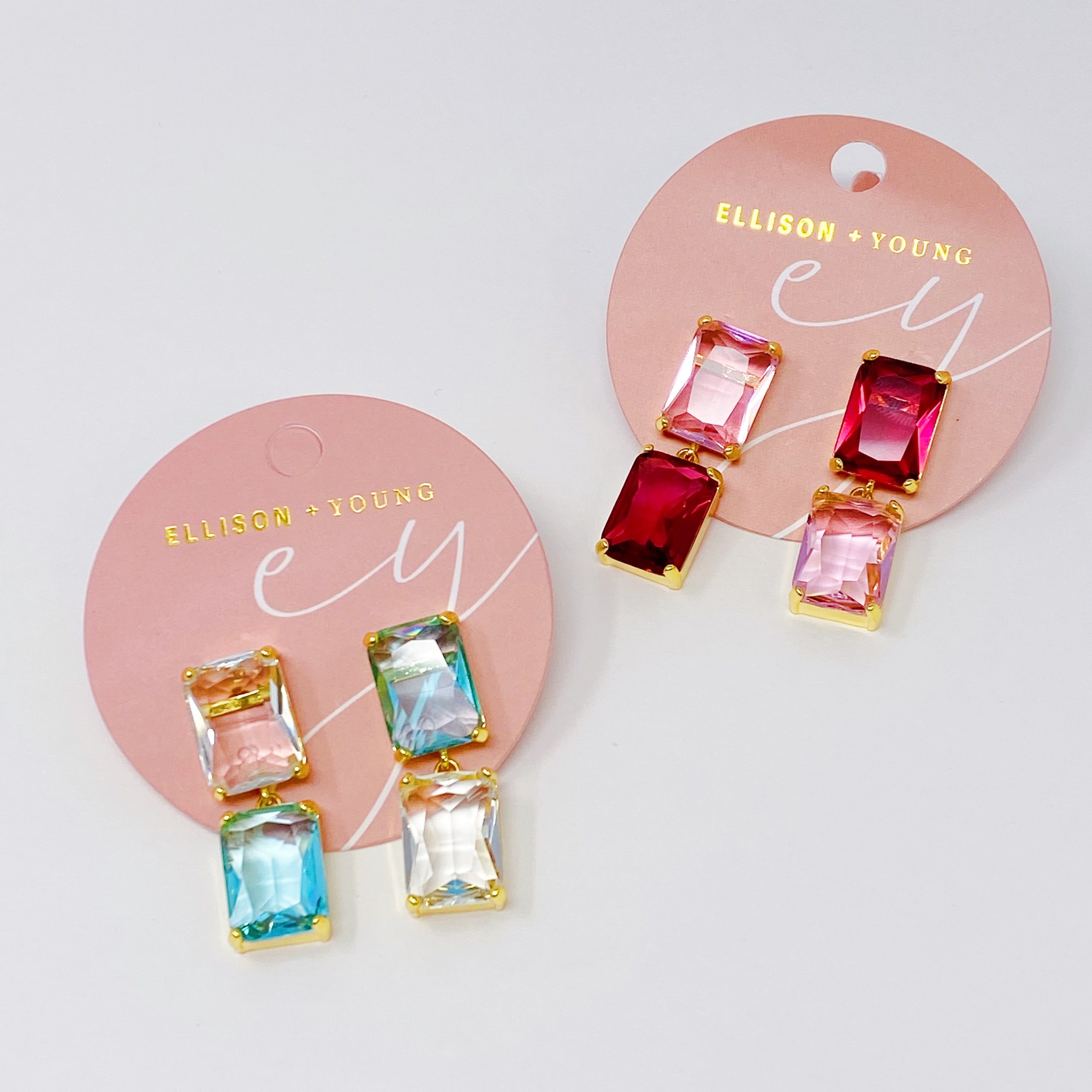 Elegant Princess Double Jeweled Earrings featuring shiny glass jewels and a unique upside-down color drop design.
