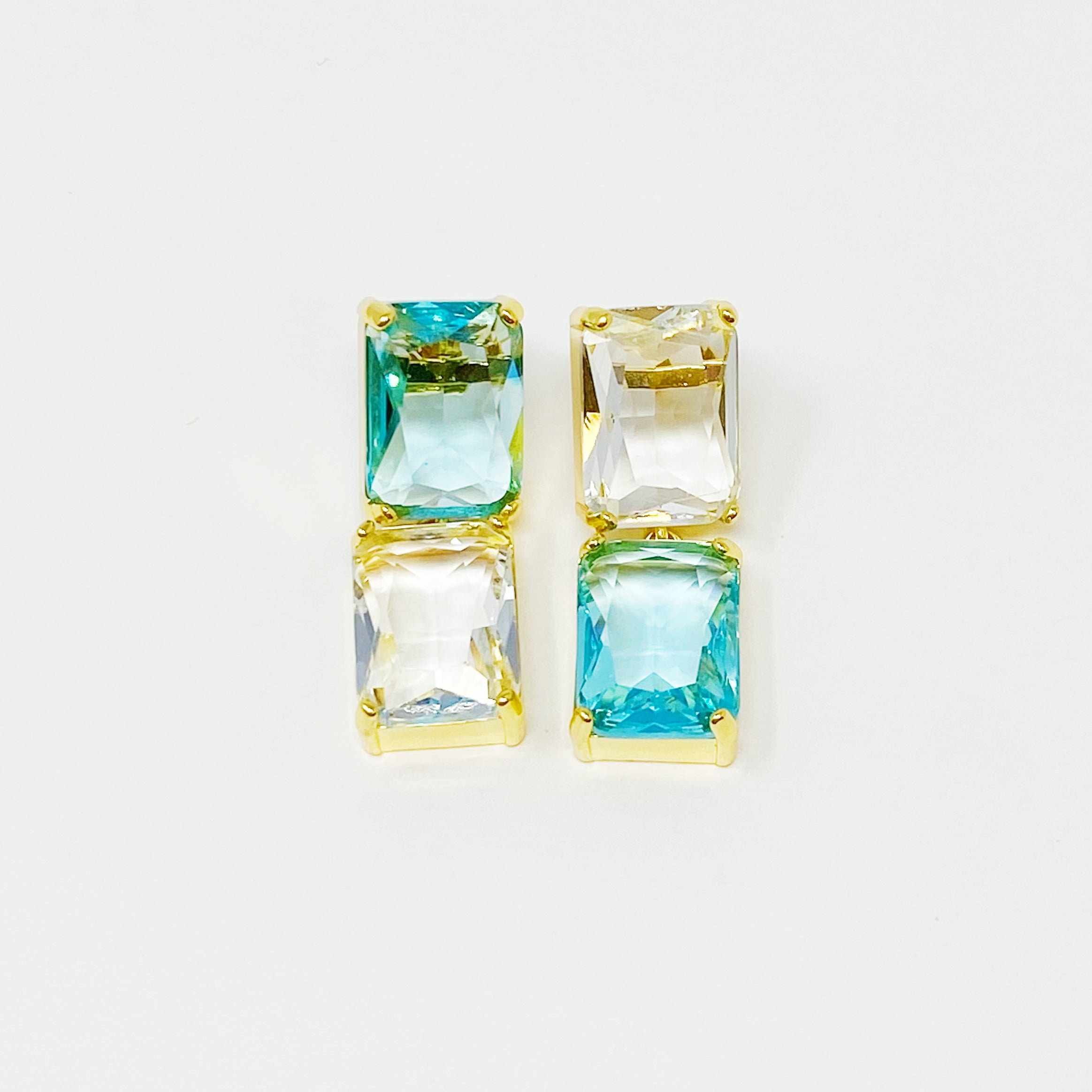 Elegant Princess Double Jeweled Earrings featuring shiny glass jewels and a unique upside-down color drop design.