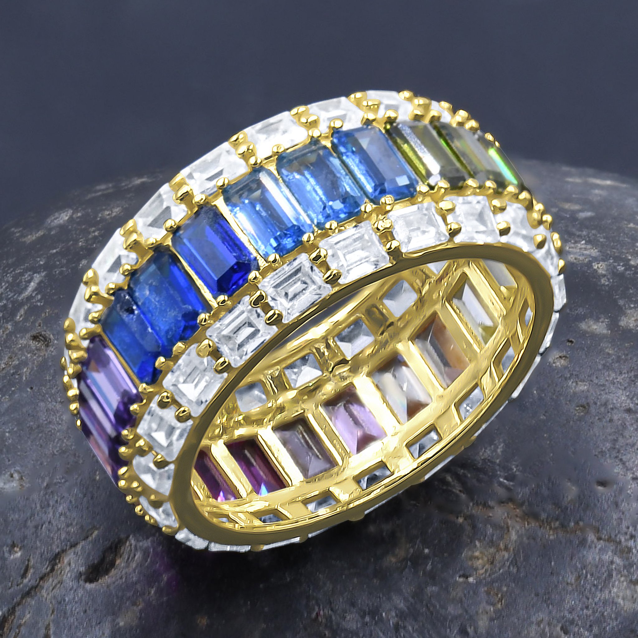 A stunning prismatic silver ring featuring colorful cubic zircon stones set in 925 sterling silver, showcasing a vibrant harlequin design.