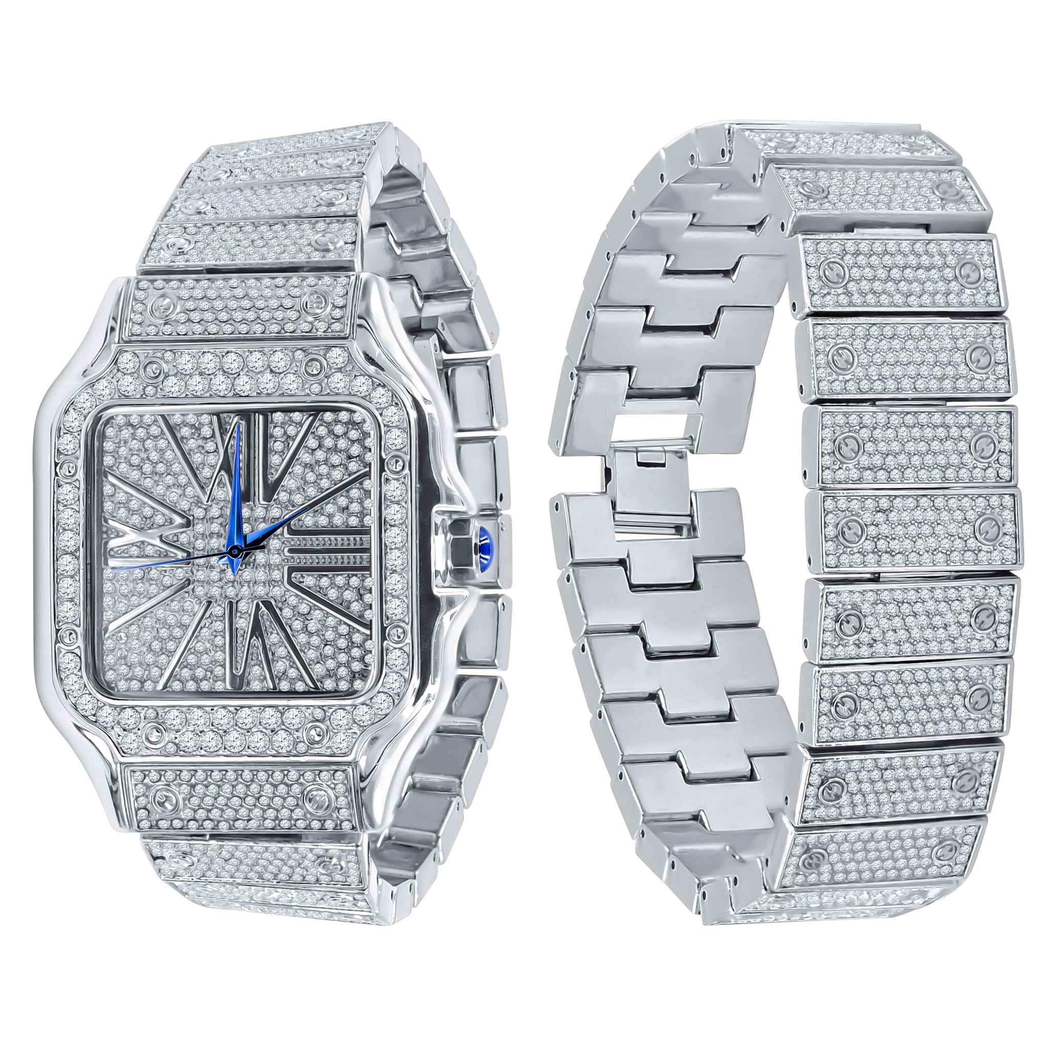 Prodigious Iced Out Watch and Bracelet Set featuring a luxurious design with crystal stones and Roman hour indicators.