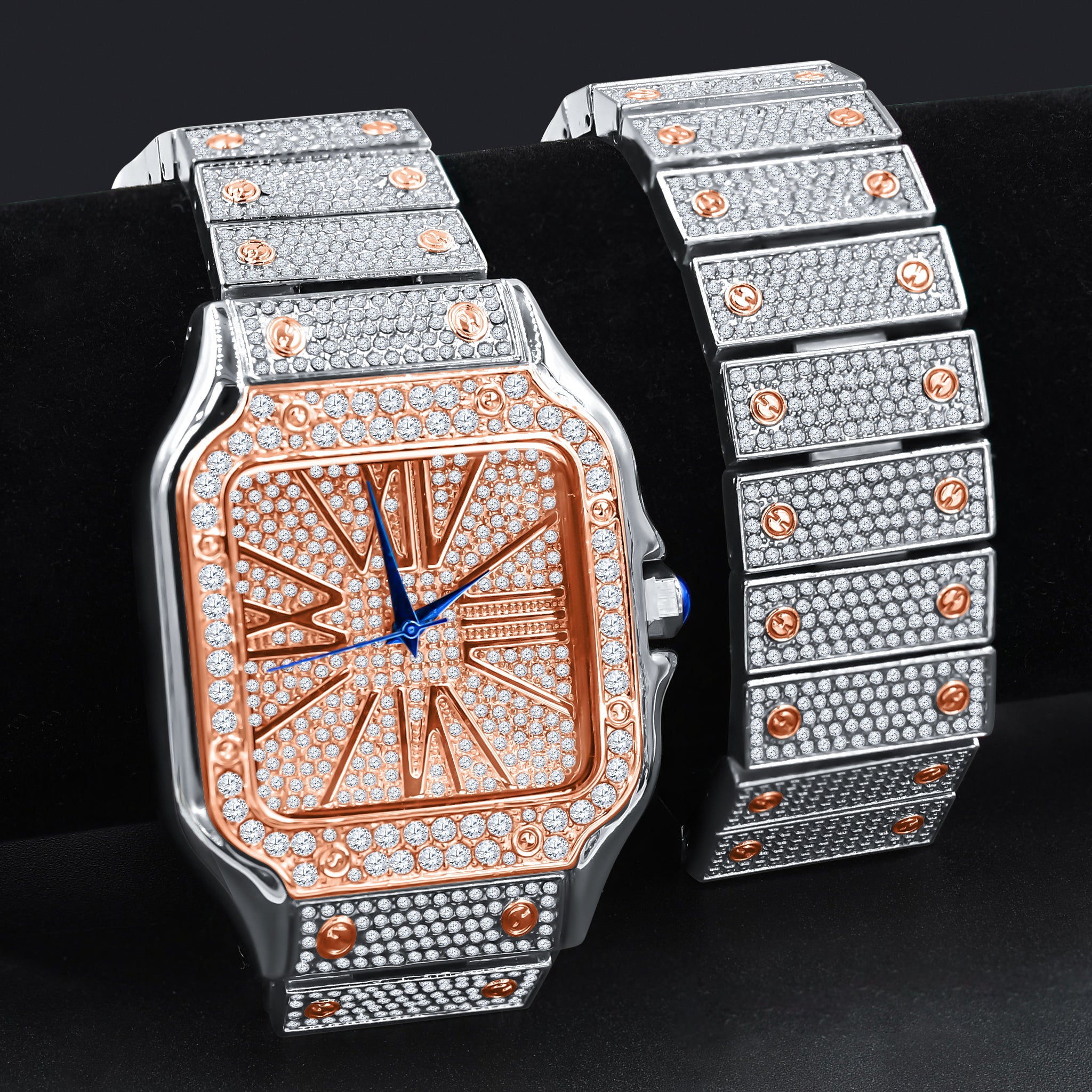 Prodigious Stainless Steel Crystal Watch Set featuring a luxurious design with Roman hour indicators and sparkling crystal stones.