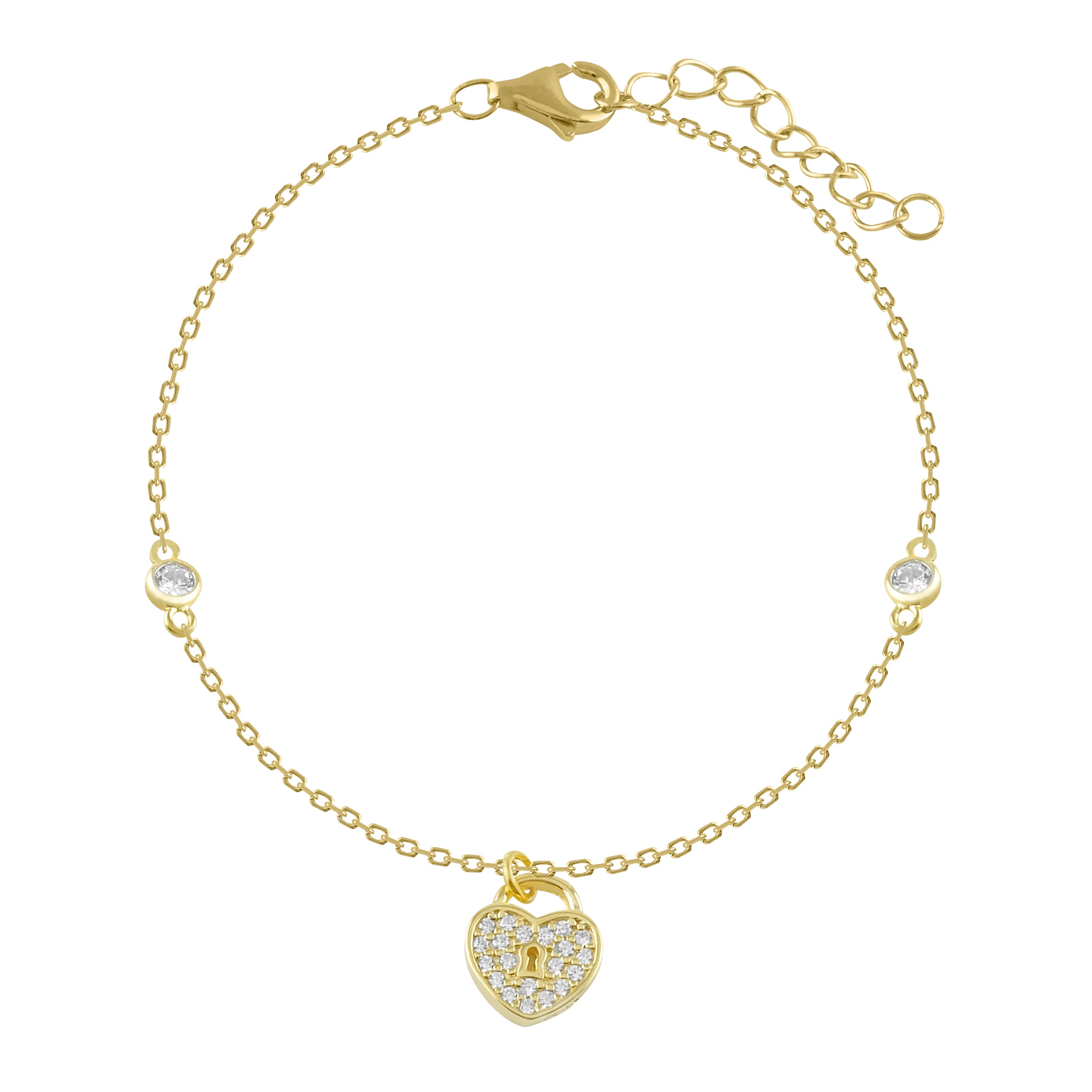Pulsera elegante bañada en oro 18k con candado en forma de corazón y circonitas blancas, ideal para regalar.