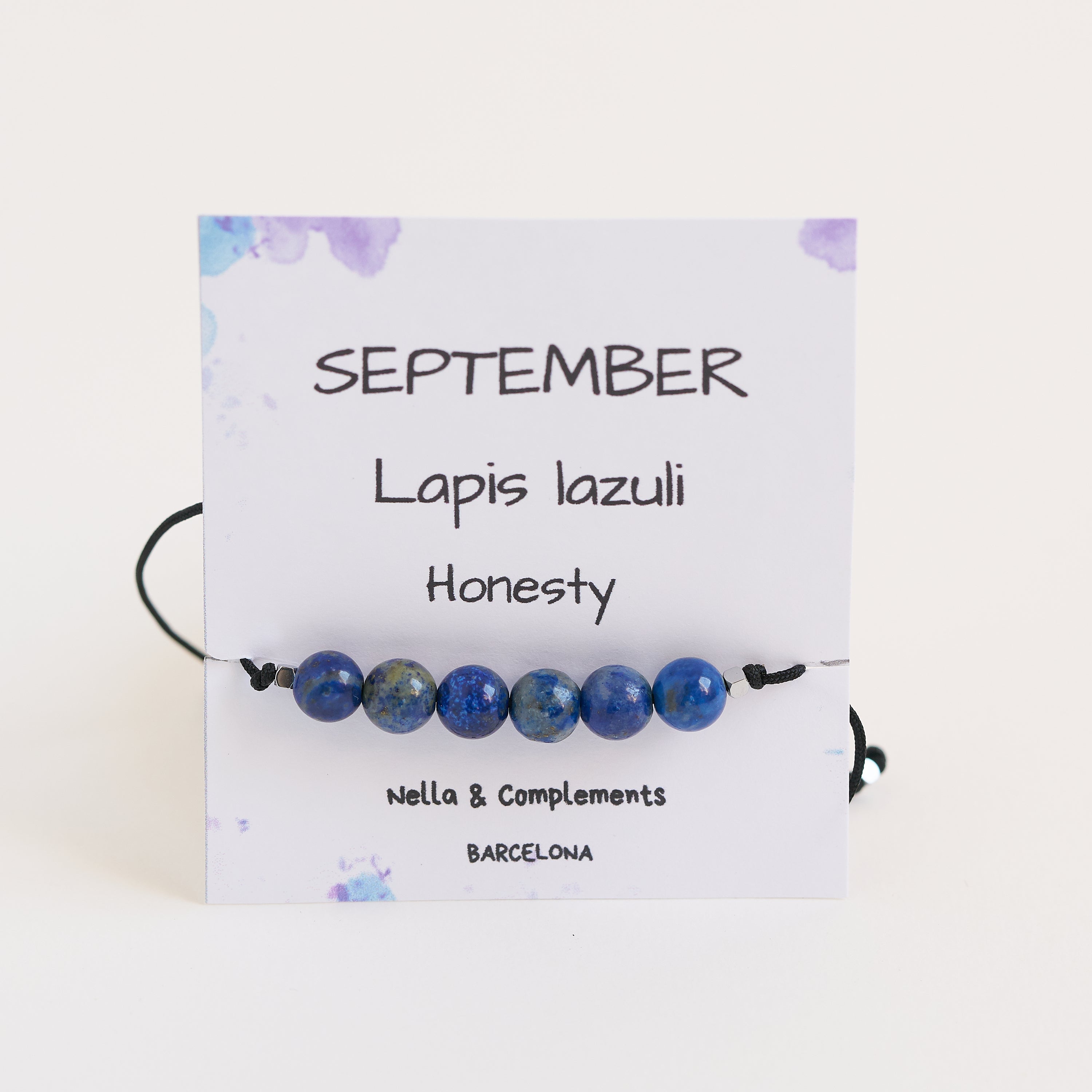 Pulsera ajustable de lapislázuli, hecha a mano, con hilo negro y tarjeta de cumpleaños de septiembre.
