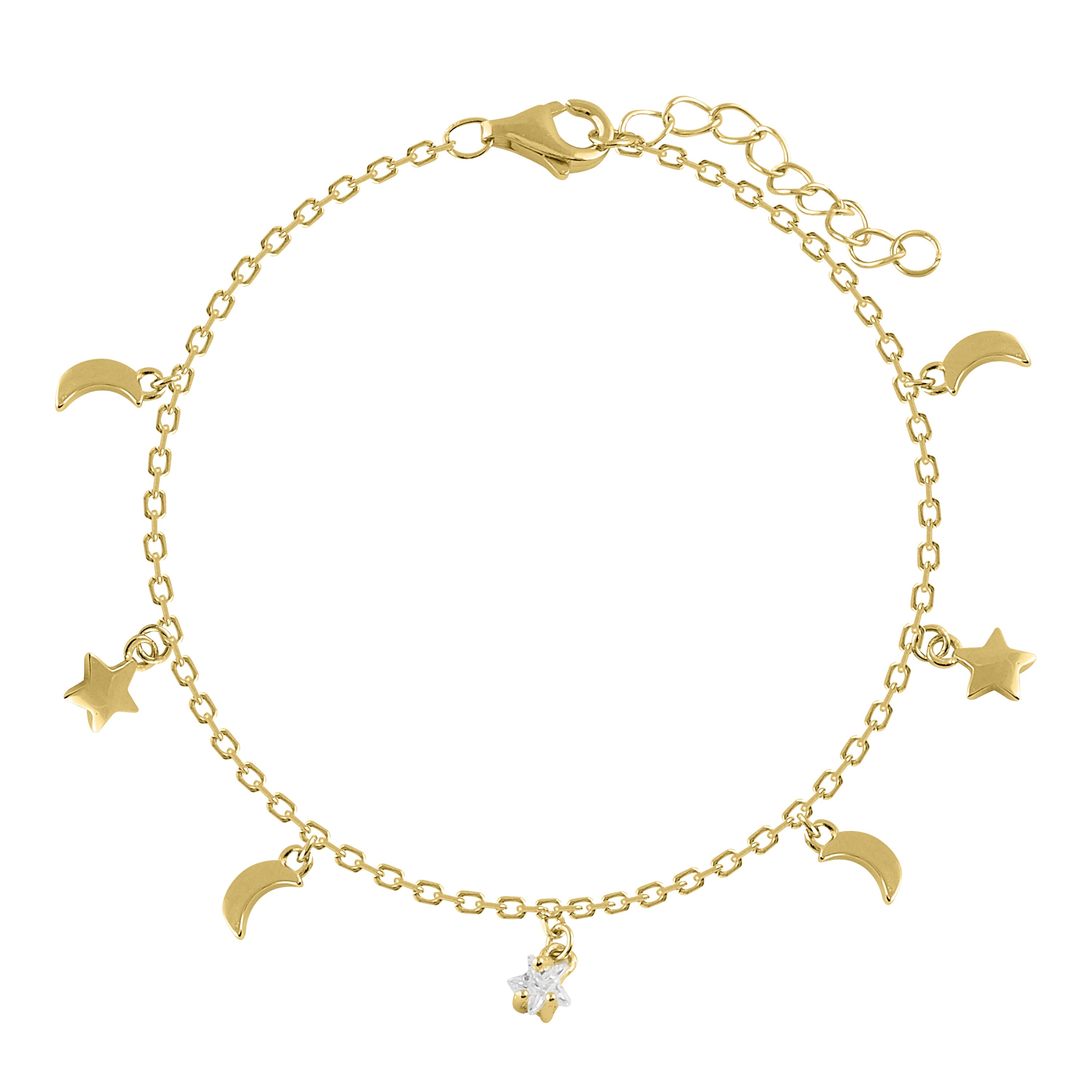Pulsera de plata bañada en oro con colgantes de lunas y estrellas, adornada con circonitas blancas brillantes.