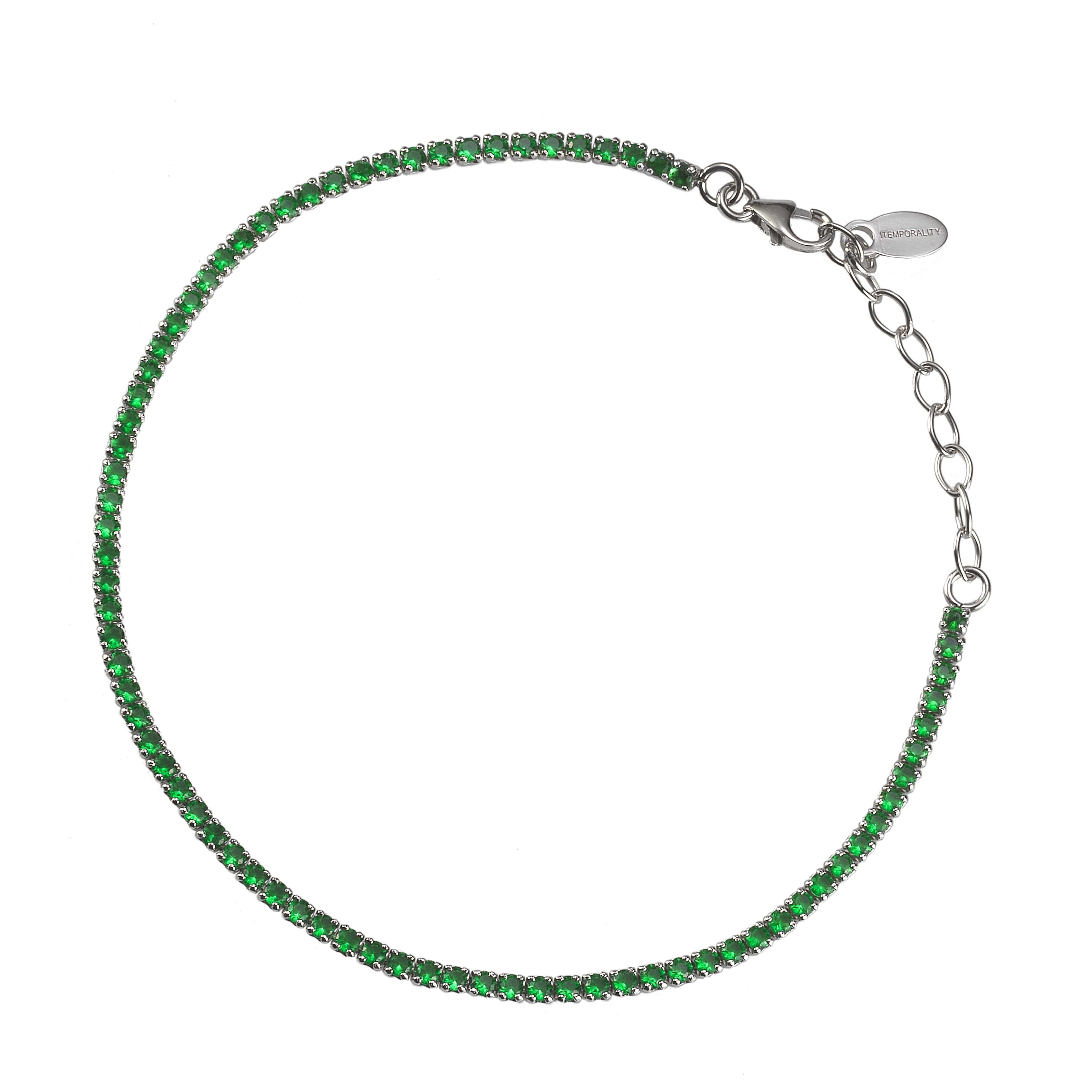 Pulsera Esperanza Plata con circonitas verdes, elegante y moderna, ideal para cualquier atuendo.