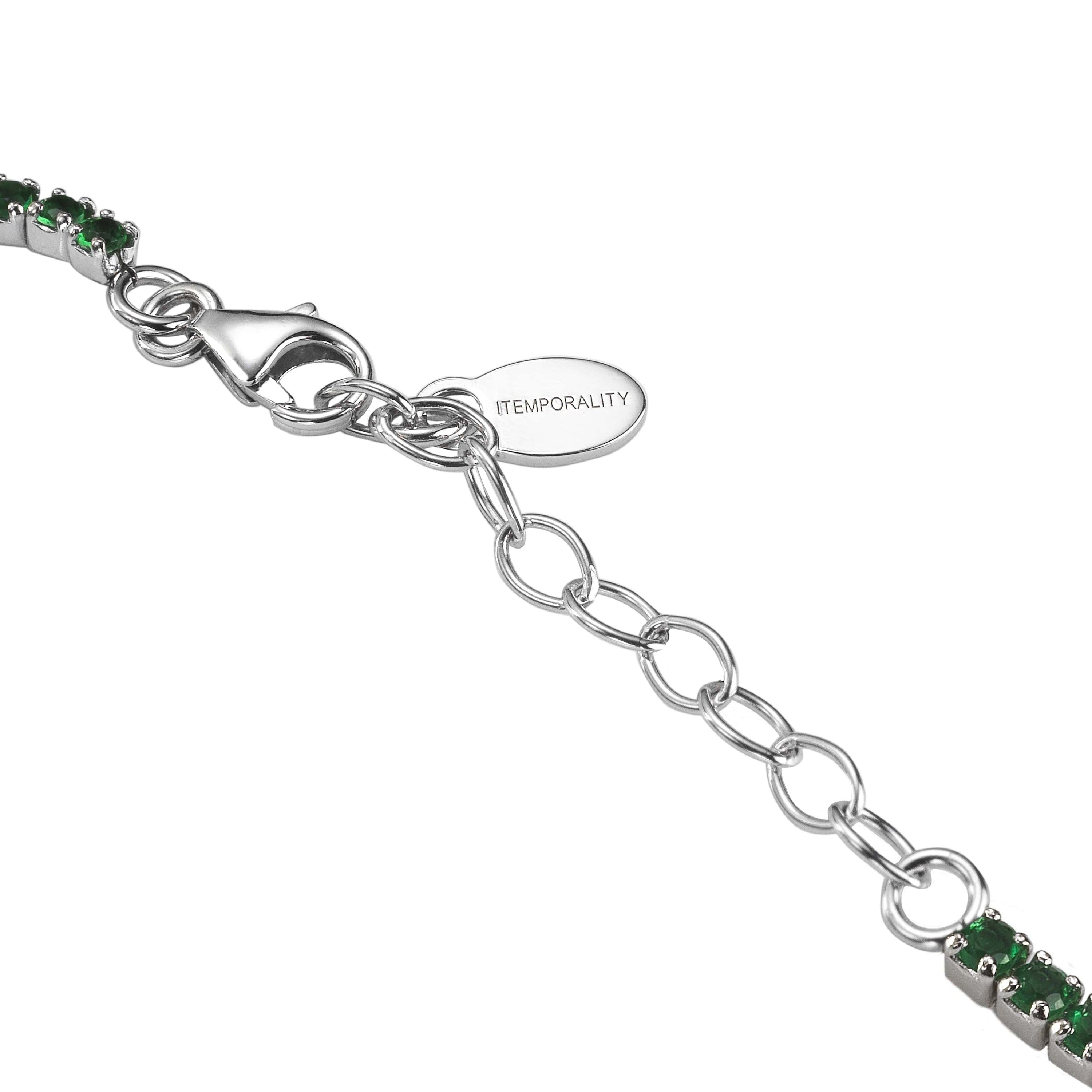 Pulsera Esperanza Plata con circonitas verdes, elegante y moderna, ideal para cualquier atuendo.