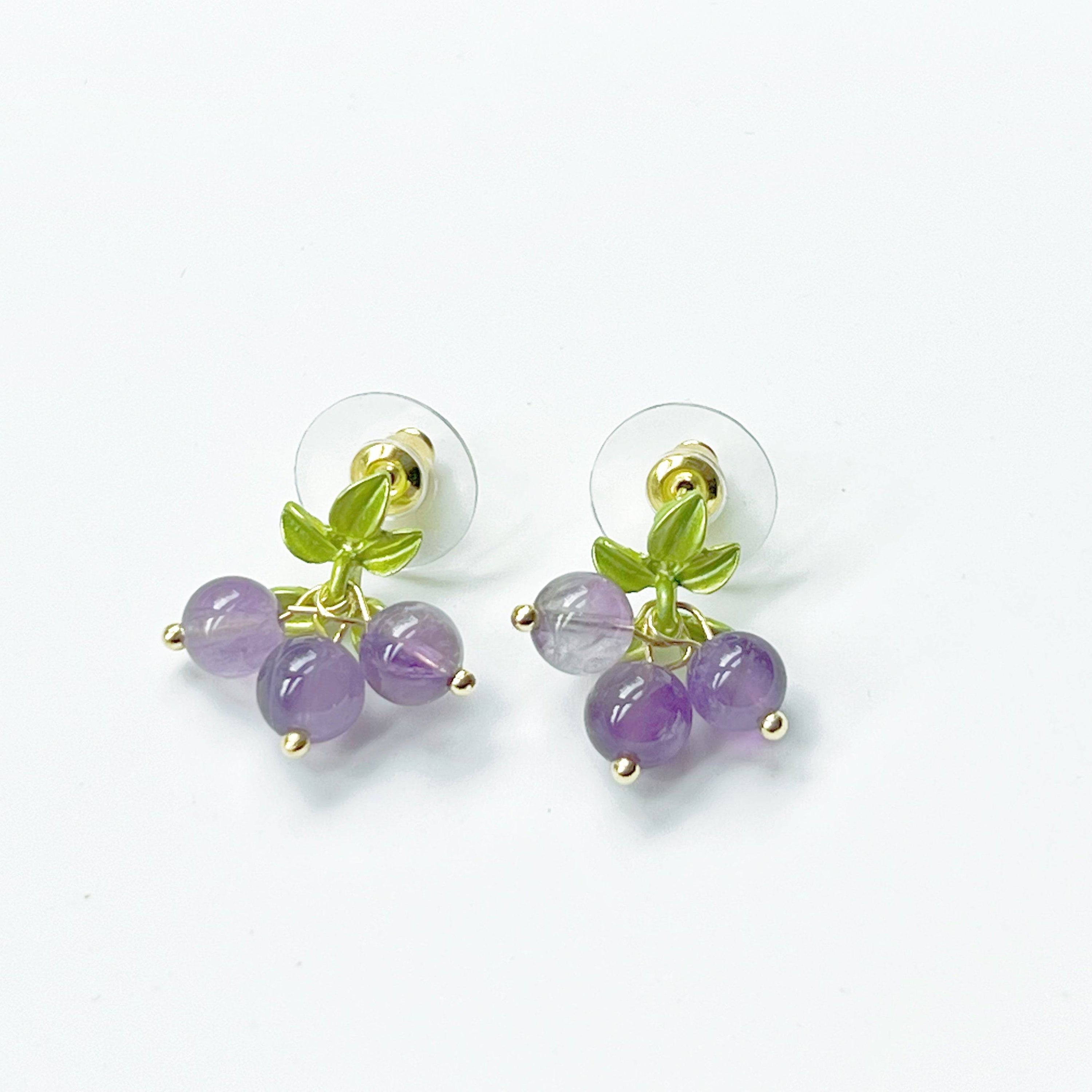 Elegant Purple Amethyst Bead Grape Earrings with gold-plated bronze base and surgical steel studs, showcasing natural purple amethyst beads.