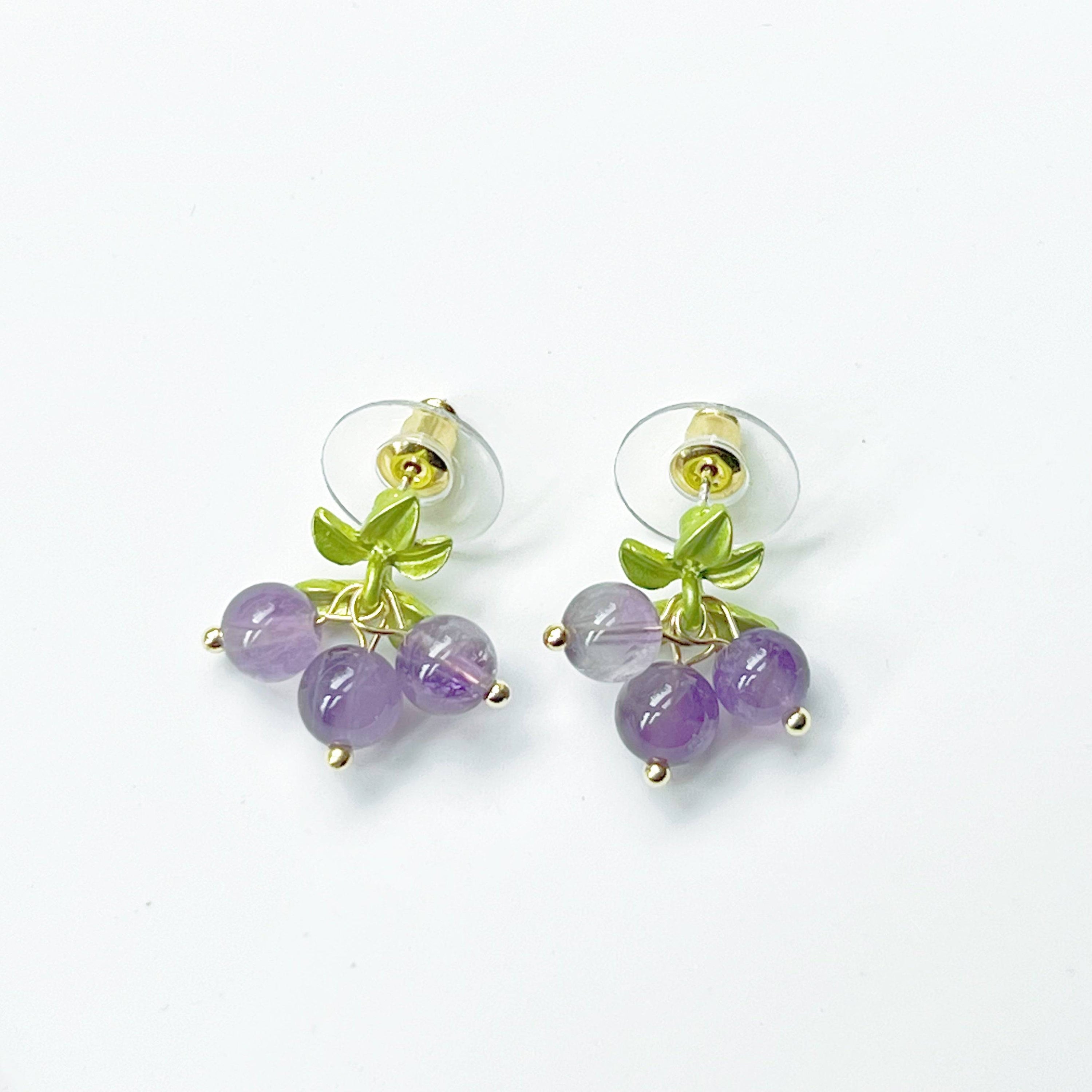 Elegant Purple Amethyst Bead Grape Earrings with gold-plated bronze base and surgical steel studs, showcasing natural purple amethyst beads.