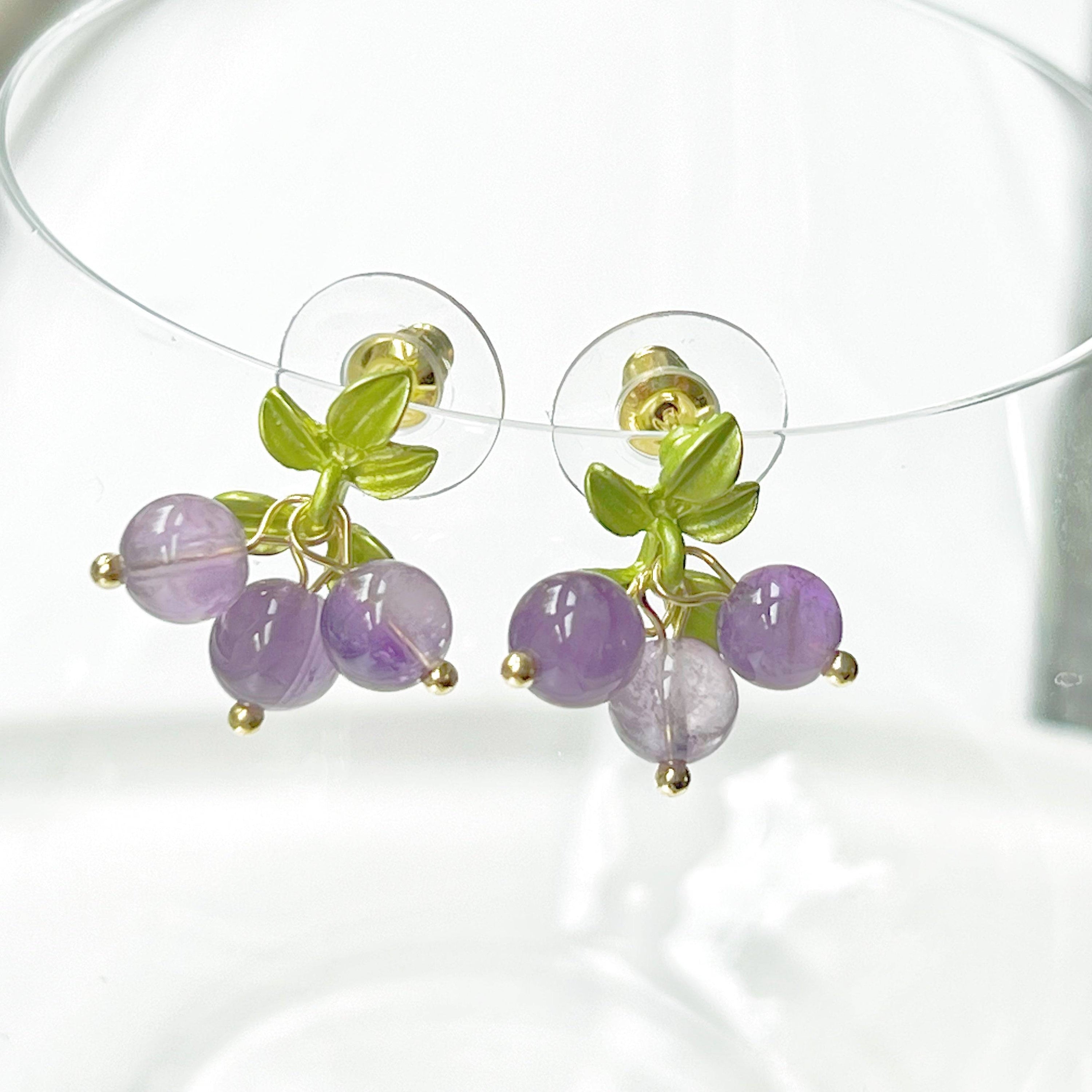 Elegant Purple Amethyst Bead Grape Earrings with gold-plated bronze base and surgical steel studs, showcasing natural purple amethyst beads.