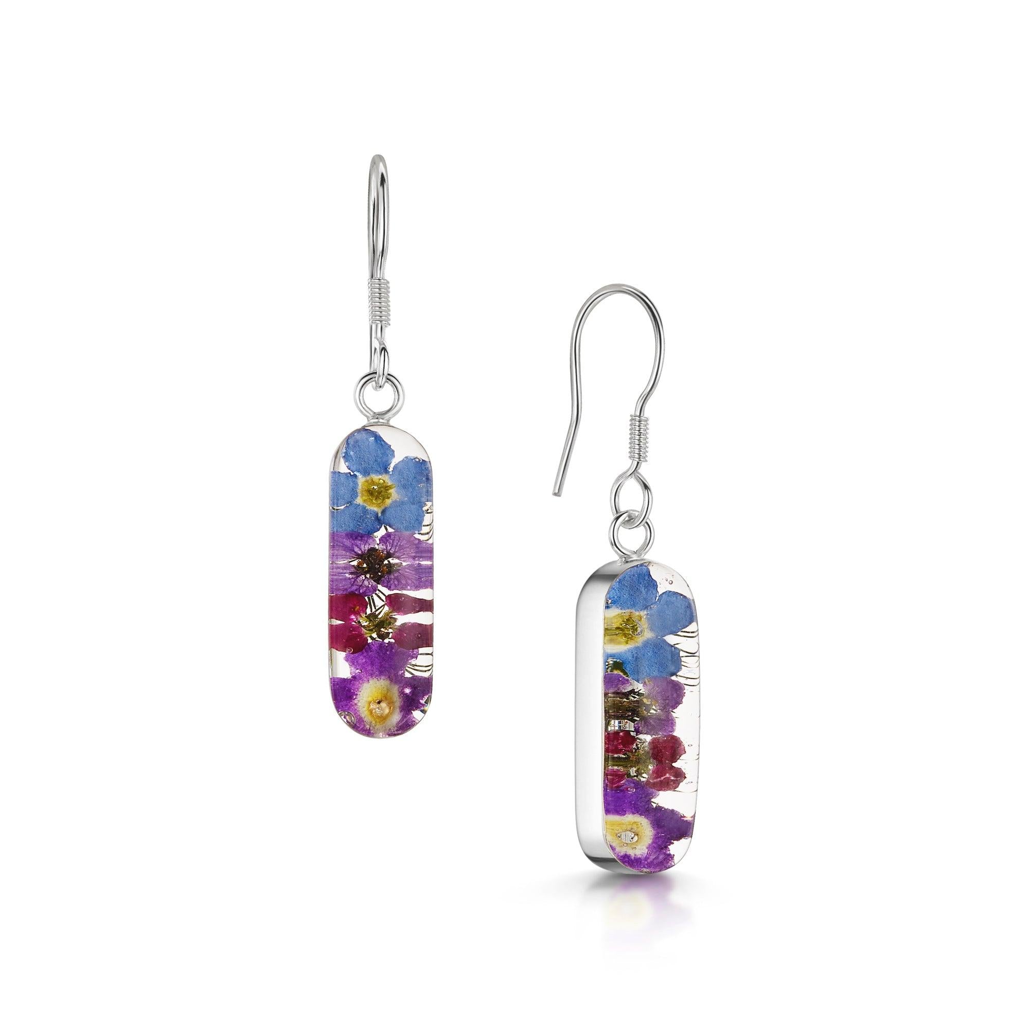 Purple Haze drop earrings 'Leela' featuring tiny forget-me-not and purple flowers in sterling silver vertical bar design.