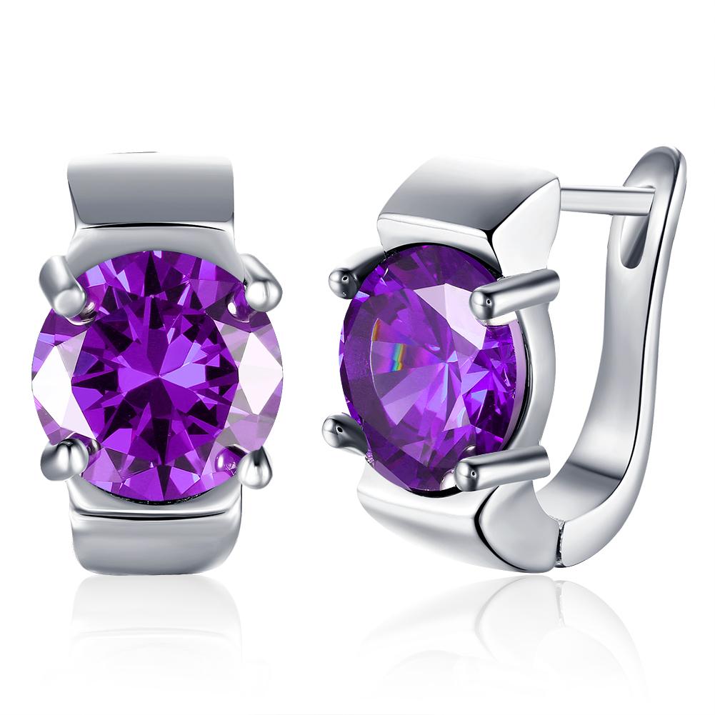 Elegant purple princess cut earrings set in 18K white gold, showcasing a luxurious design and hypoallergenic features.