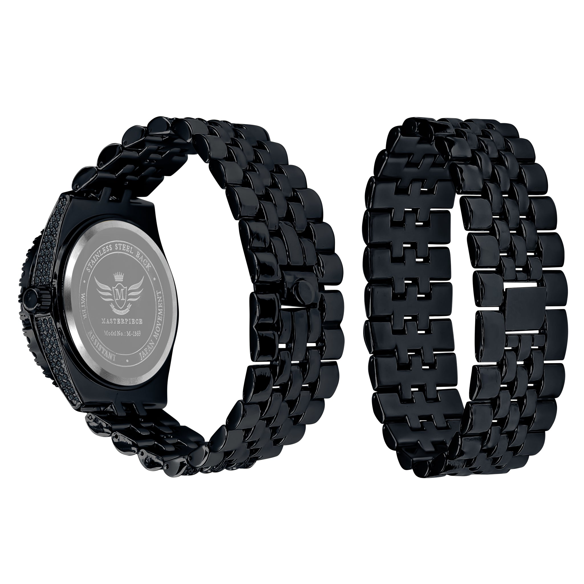 PURPUREUS 5-Link Iced Out Watch and Bracelet Set featuring crystal stones and adjustable links.