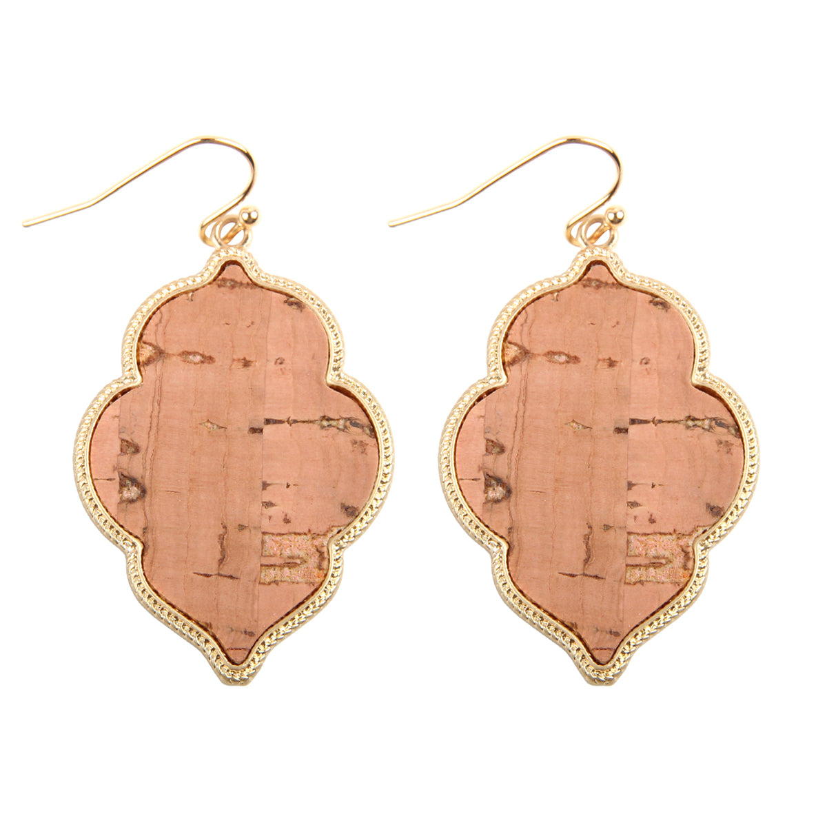 Quatrefoil Cork Hook Drop Dangle Earrings by DOBBI, featuring a unique quatrefoil design in a variety of colors, made from lightweight cork and base metal.