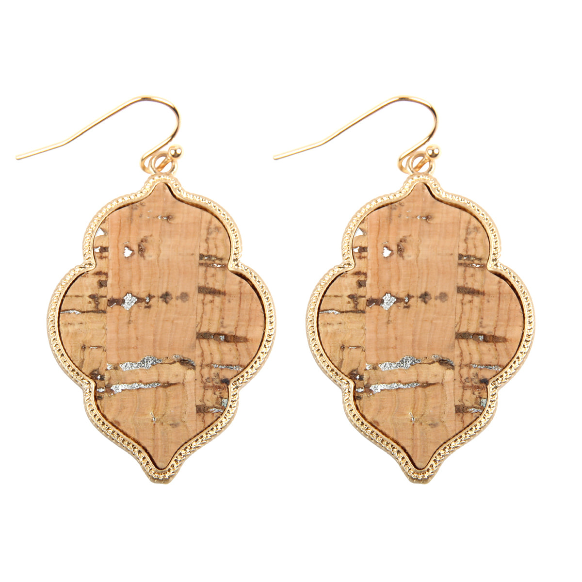 Quatrefoil Cork Hook Drop Dangle Earrings by DOBBI, featuring a unique quatrefoil design in a variety of colors, made from lightweight cork and base metal.