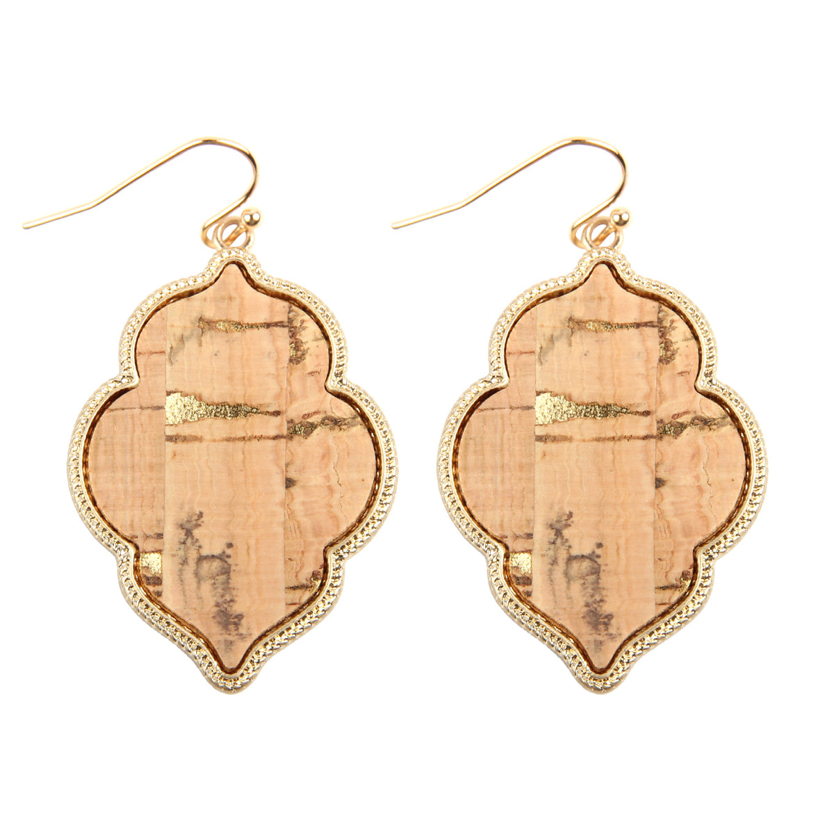 Quatrefoil Cork Hook Drop Dangle Earrings by DOBBI, featuring a unique quatrefoil design in a variety of colors, made from lightweight cork and base metal.