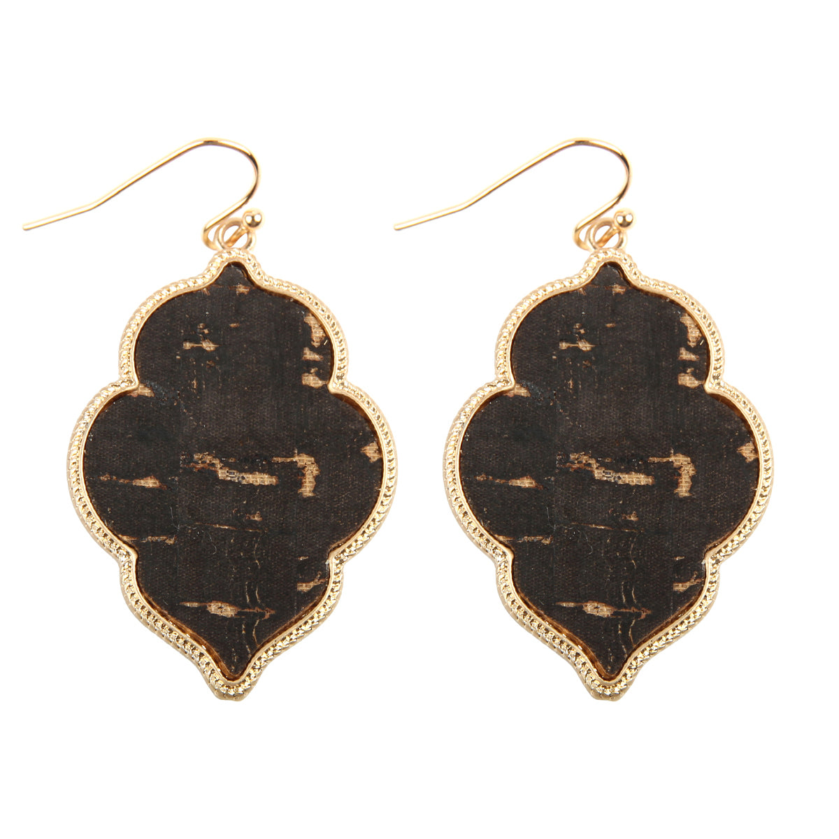 Quatrefoil Cork Hook Drop Dangle Earrings by DOBBI, featuring a unique quatrefoil design in a variety of colors, made from lightweight cork and base metal.