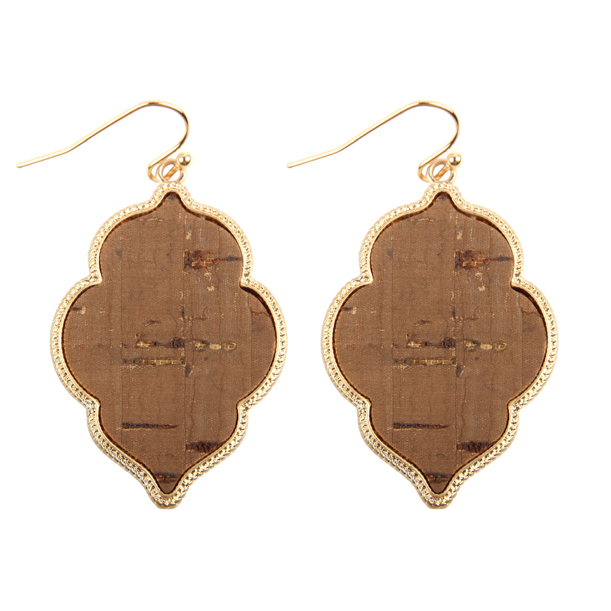 Quatrefoil Cork Hook Drop Dangle Earrings by DOBBI, featuring a unique quatrefoil design in a variety of colors, made from lightweight cork and base metal.