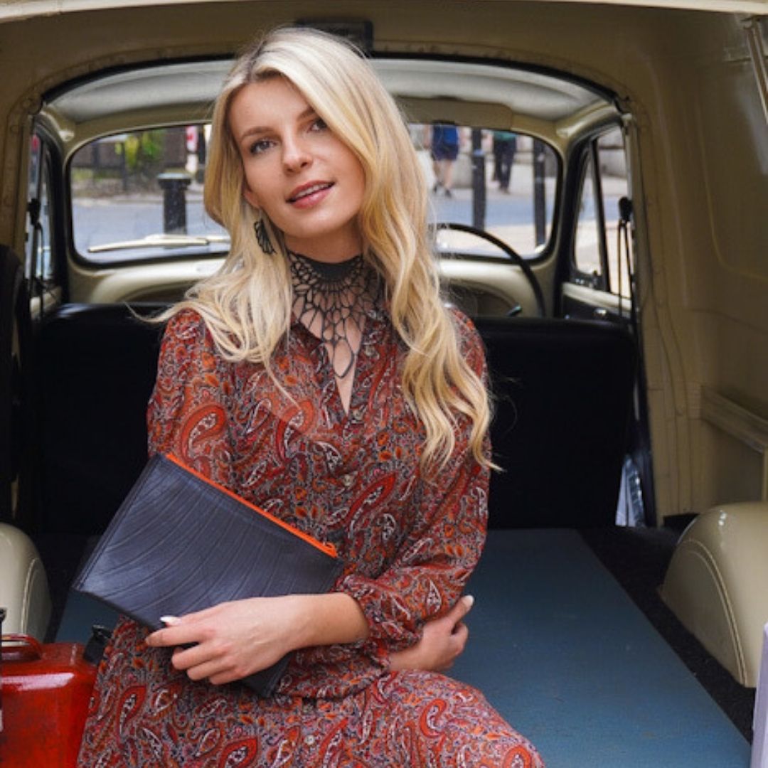 Queen Mab Geometric Statement Choker made from recycled rubber, featuring a bold geometric design and adjustable length.