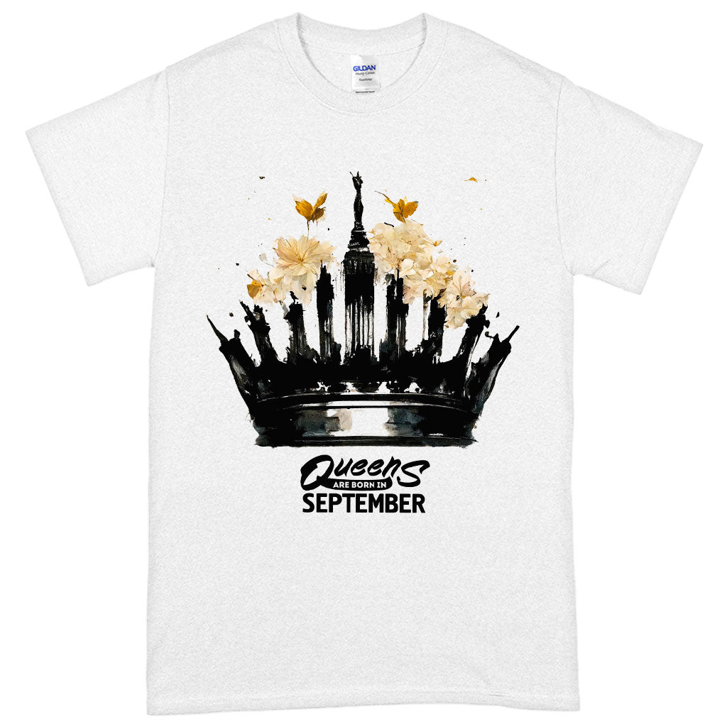 Queens are Born in September Heavy Cotton T-Shirt featuring a crown design, perfect for birthday celebrations.