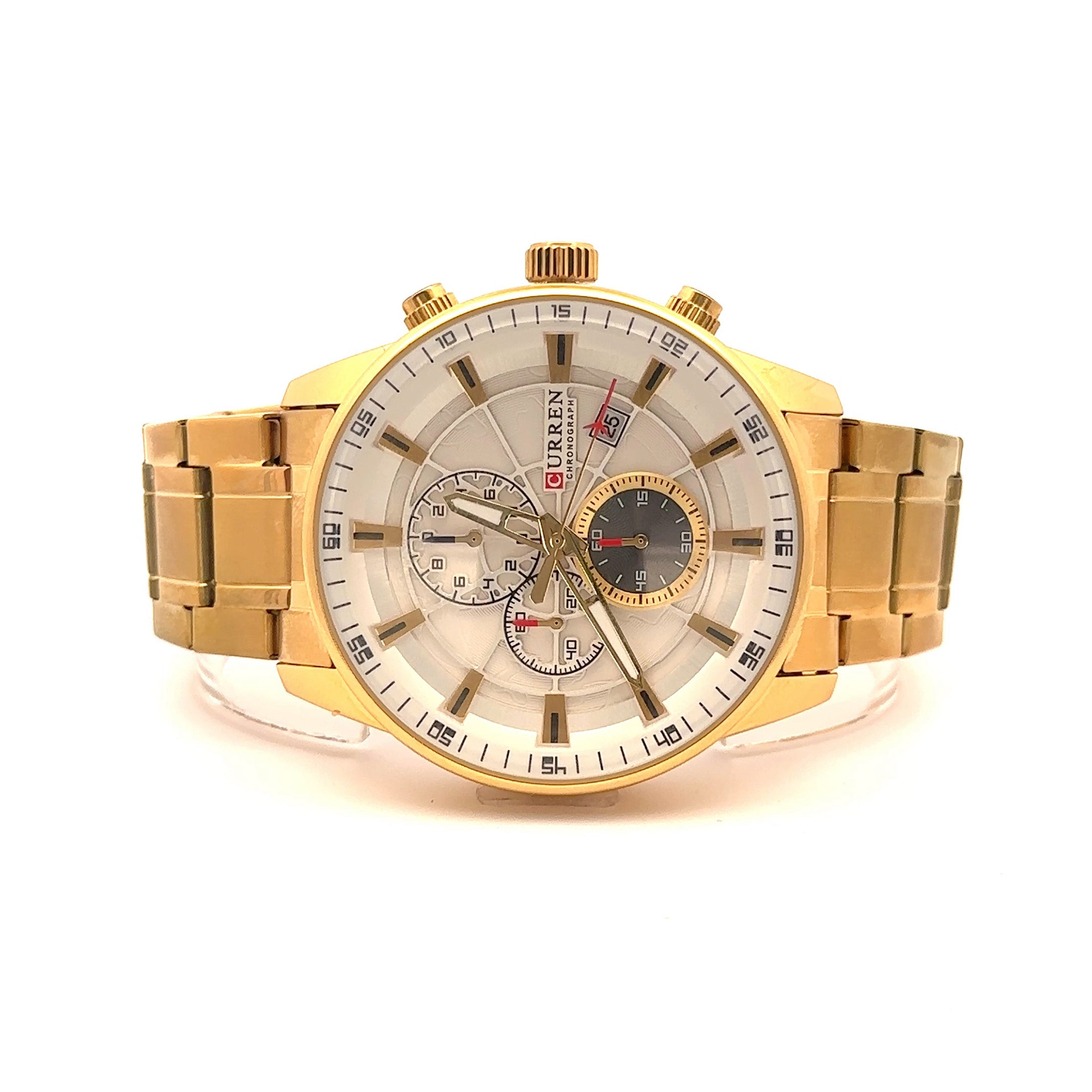 QUIXOTIC Metal Back Gold Stainless Iced Out Watch featuring sparkling crystals and a durable stainless steel band.