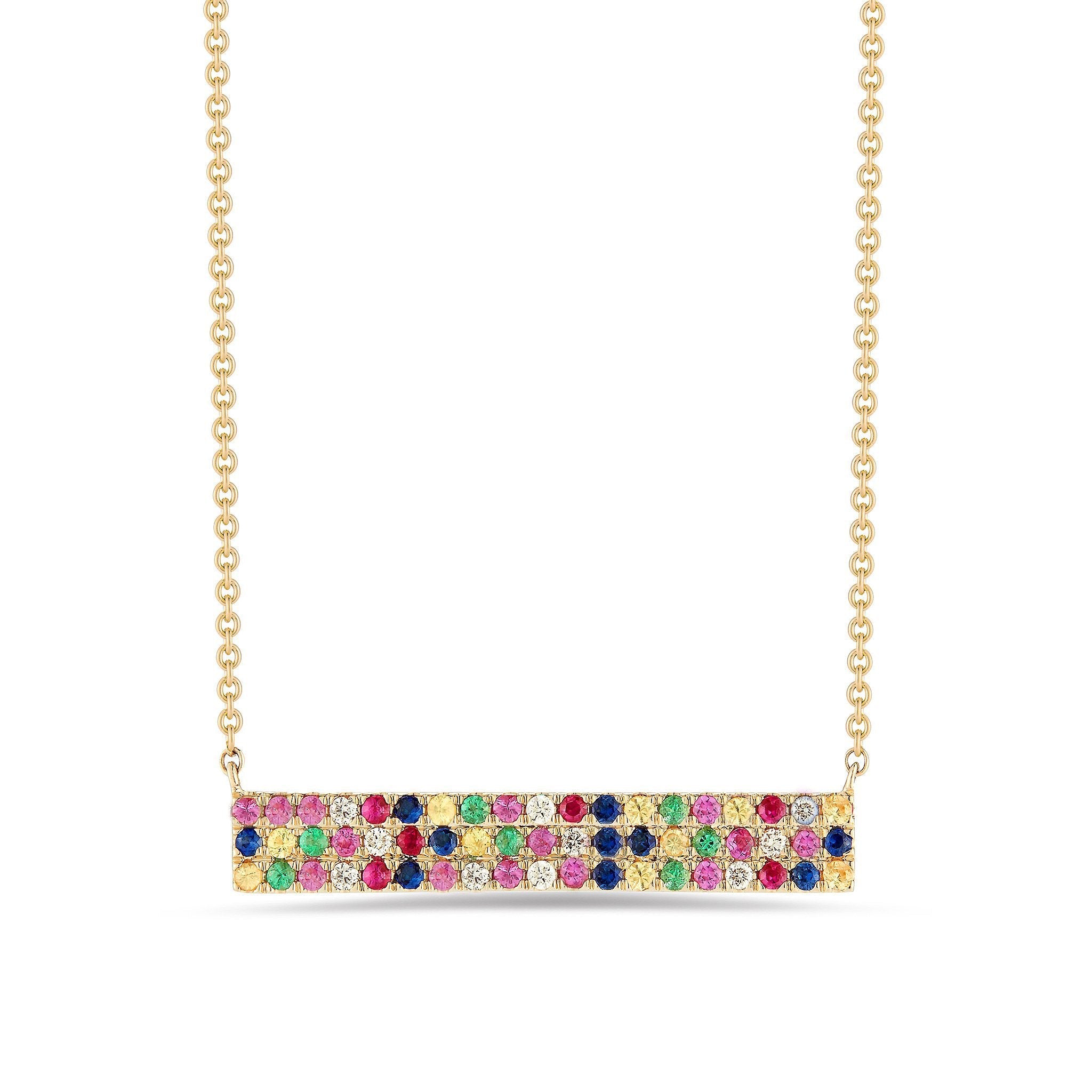 A collection of Rainbow Elements Pendant Necklaces in 14K gold plating featuring vibrant rainbow stones in bar, evil eye, and butterfly designs.