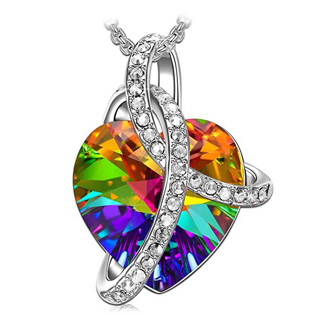 A stunning Rainbow Heart Crystal Necklace, elegantly designed with 18K gold plating, featuring a heart-shaped crystal and a secure lobster clasp.