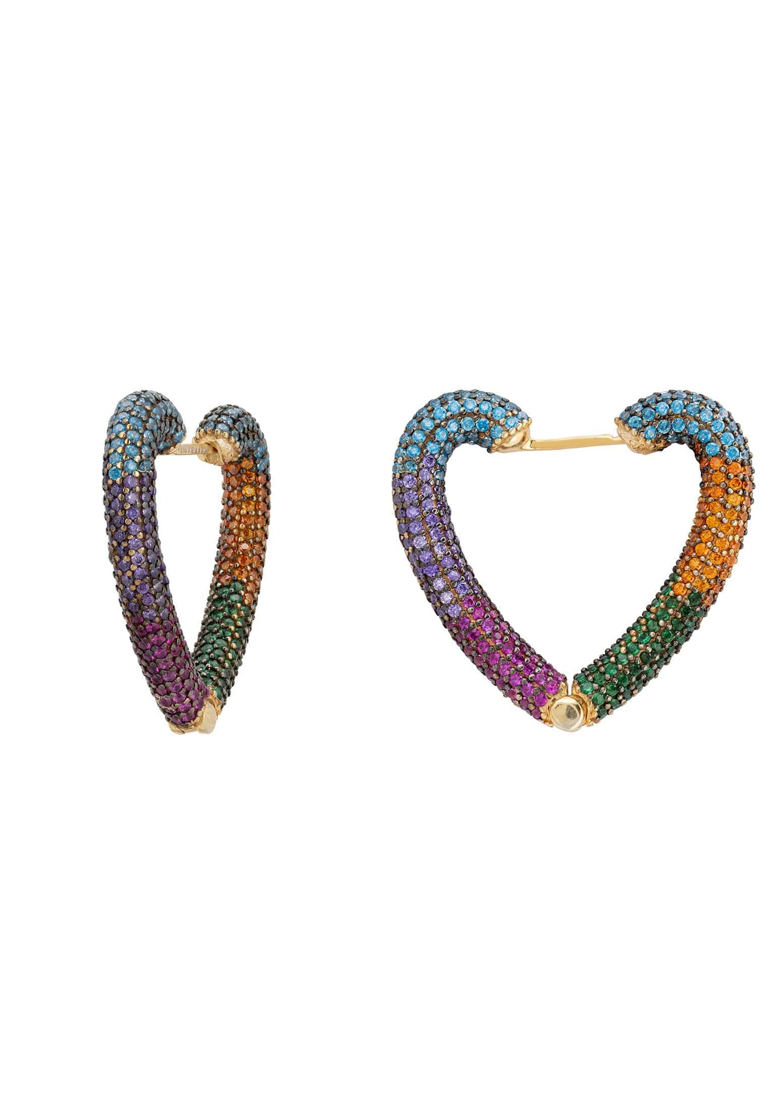 Rainbow Heart Huggie Earrings in gold with multi-coloured zirconia, featuring a heart-shaped hoop design.