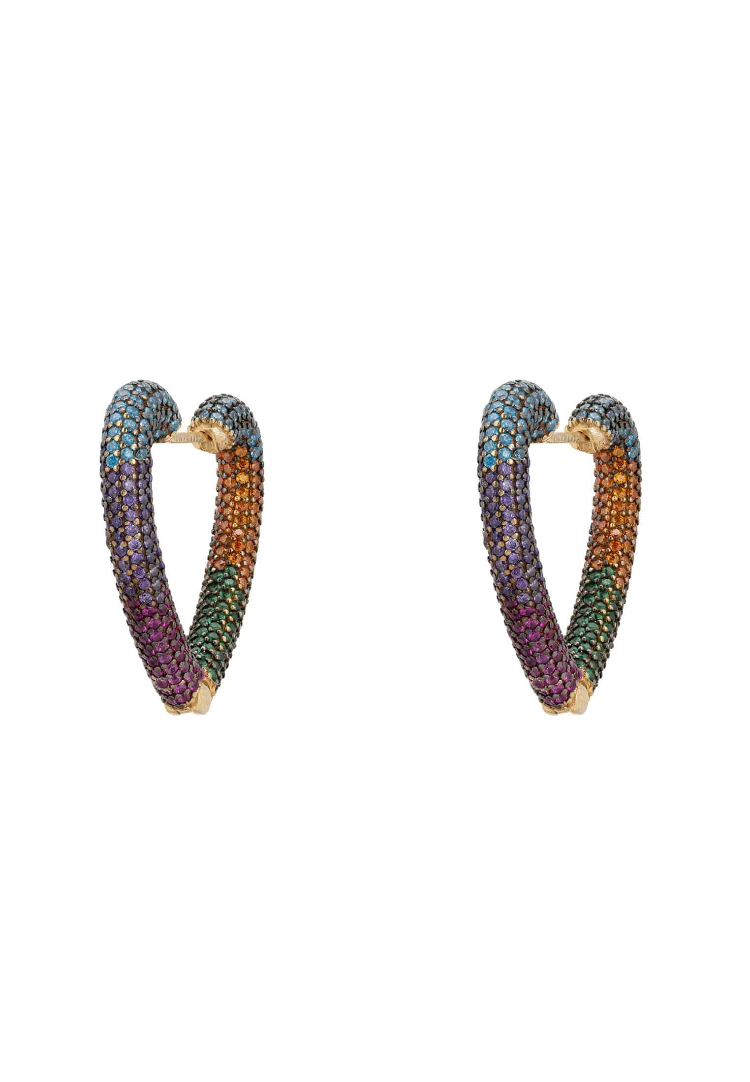 Rainbow Heart Huggie Earrings in gold with multi-coloured zirconia, featuring a heart-shaped hoop design.
