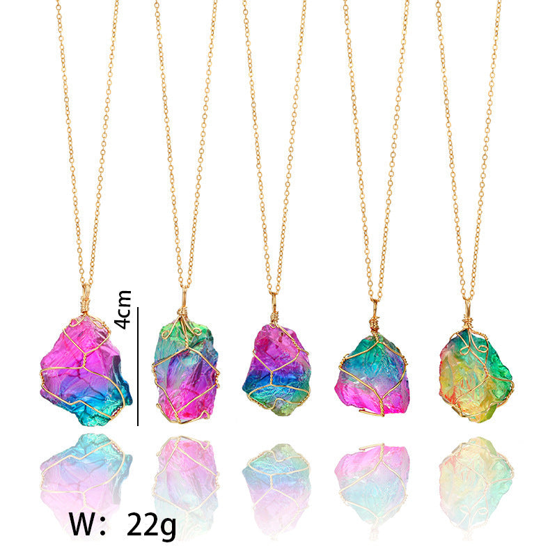 A stunning Rainbow Mineral Quartz Pendant Necklace featuring a vibrant quartz pendant set in 14K gold plating, displayed on a link chain.