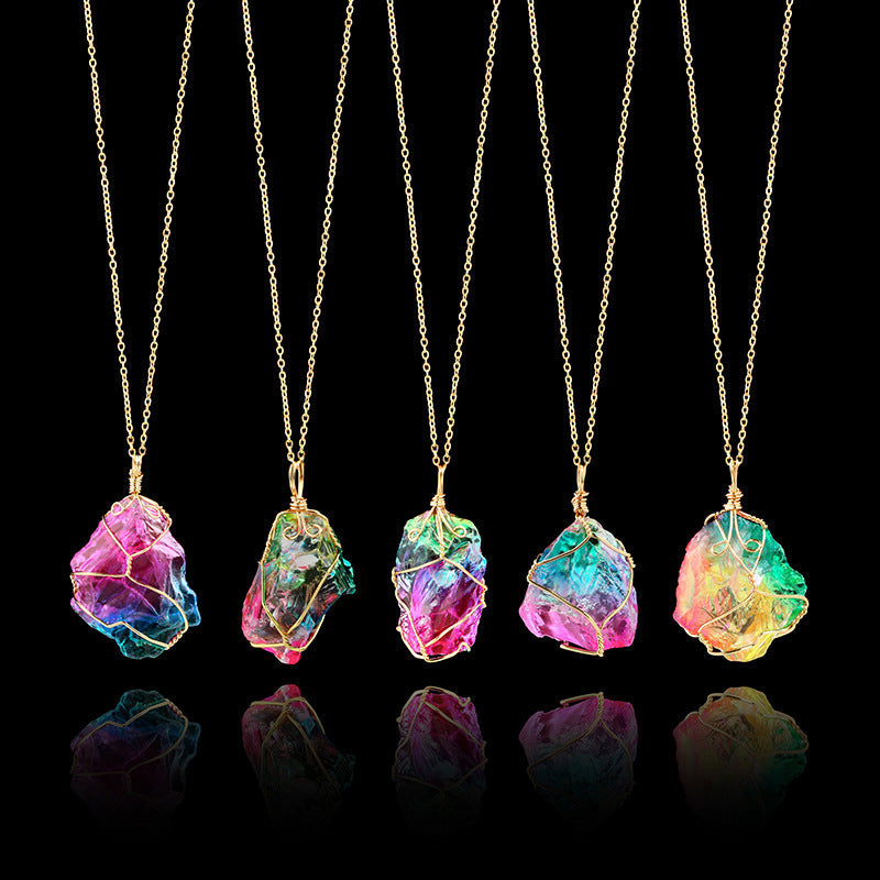 A stunning Rainbow Mineral Quartz Pendant Necklace featuring a vibrant quartz pendant set in 14K gold plating, displayed on a link chain.