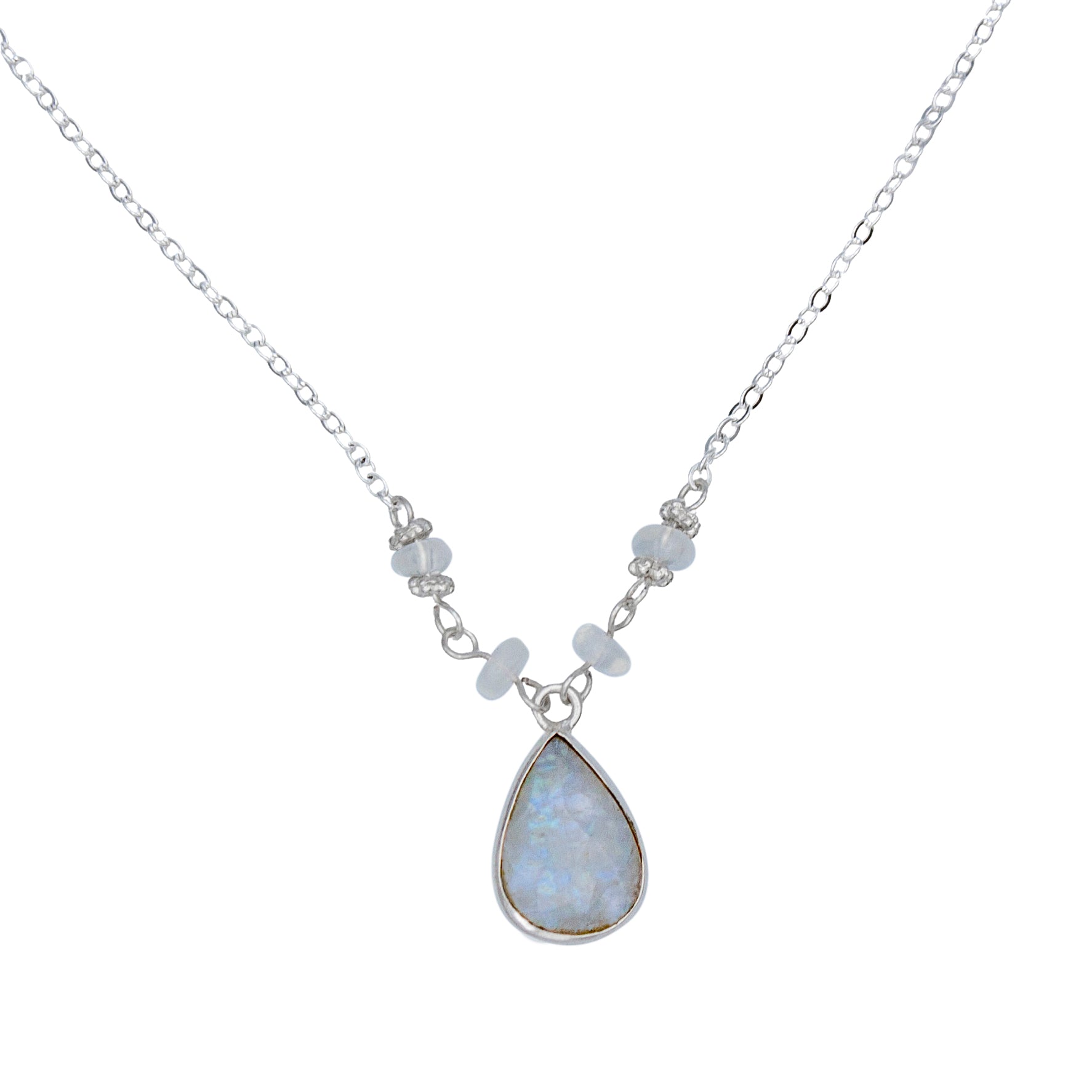 A beautiful Rainbow Moonstone Beaded Teardrop Pendant Necklace featuring unique gemstones and silver plated metal components.