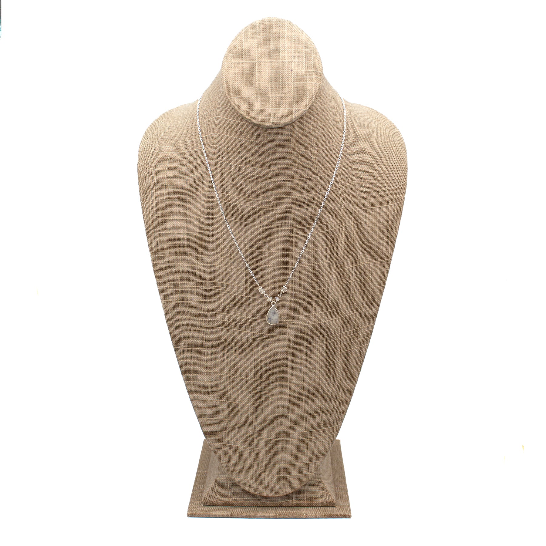 A beautiful Rainbow Moonstone Beaded Teardrop Pendant Necklace featuring unique gemstones and silver plated metal components.