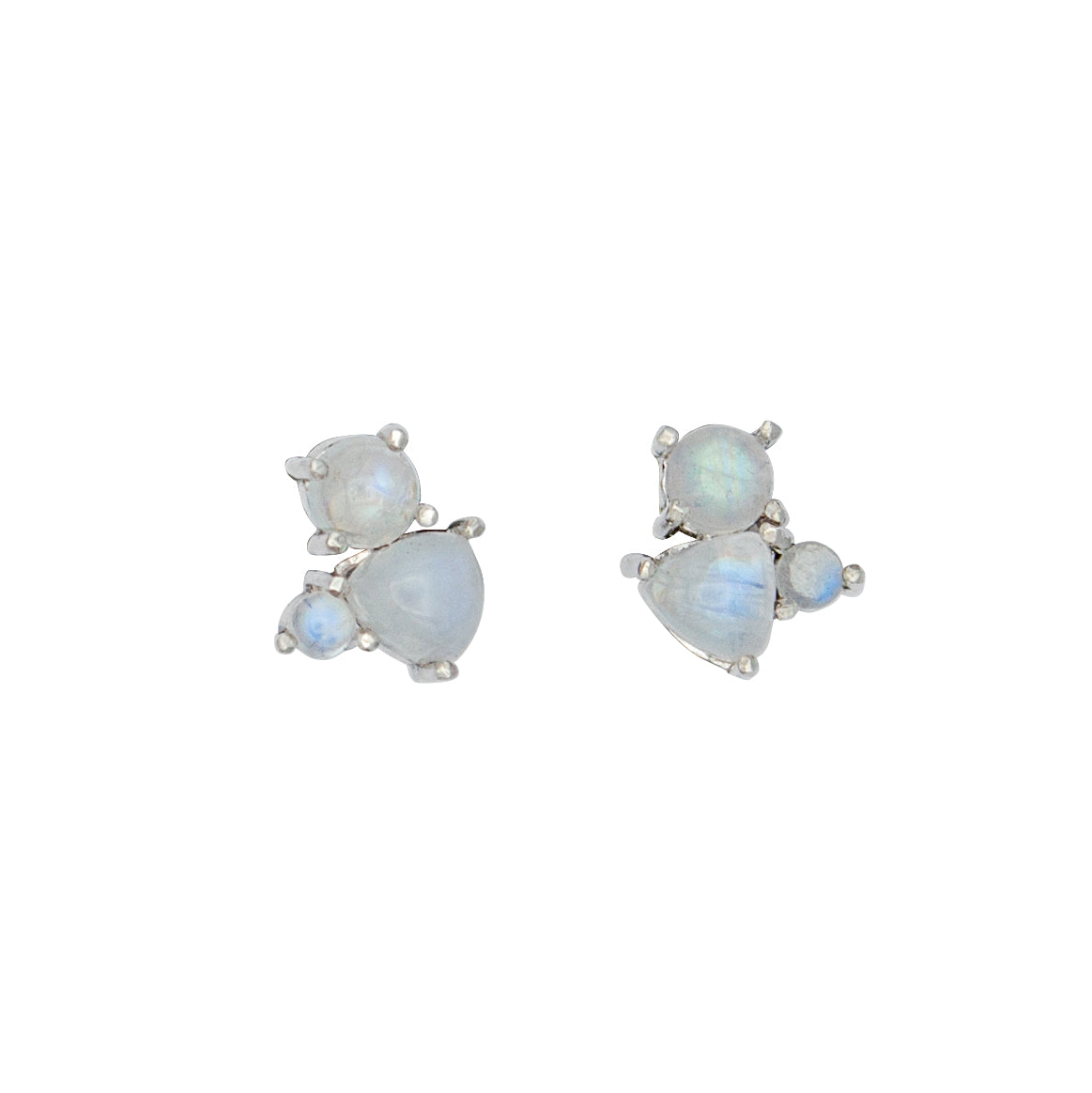 A pair of elegant Rainbow Moonstone Cluster Sterling Silver Earrings featuring round and trillion cut gemstones set in .925 sterling silver.