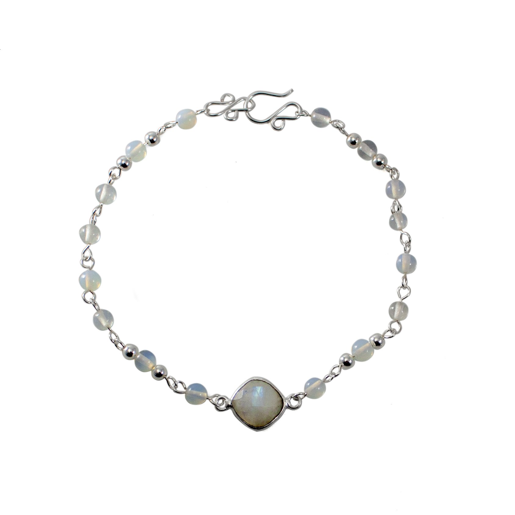 A beautiful Rainbow Moonstone & Opalite Chain Bracelet featuring a rose cut moonstone cabochon and opalite beads, secured with a hook and eye closure.