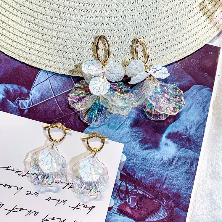 Colorful Rainbow Shell Earrings made from alloy and S925 silver, featuring a multi-petal design.
