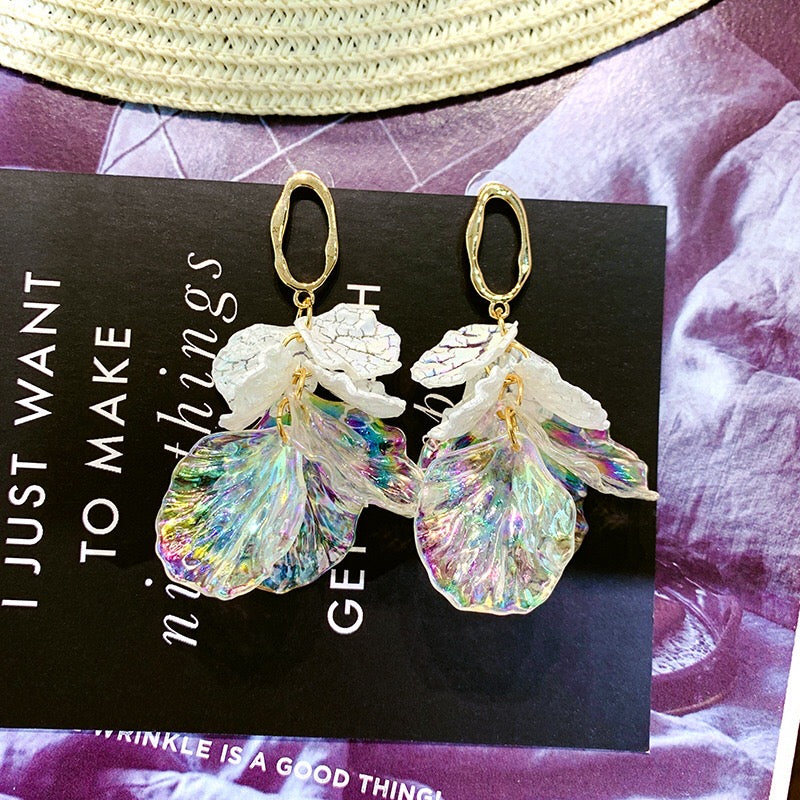 Colorful Rainbow Shell Earrings made from alloy and S925 silver, featuring a multi-petal design.
