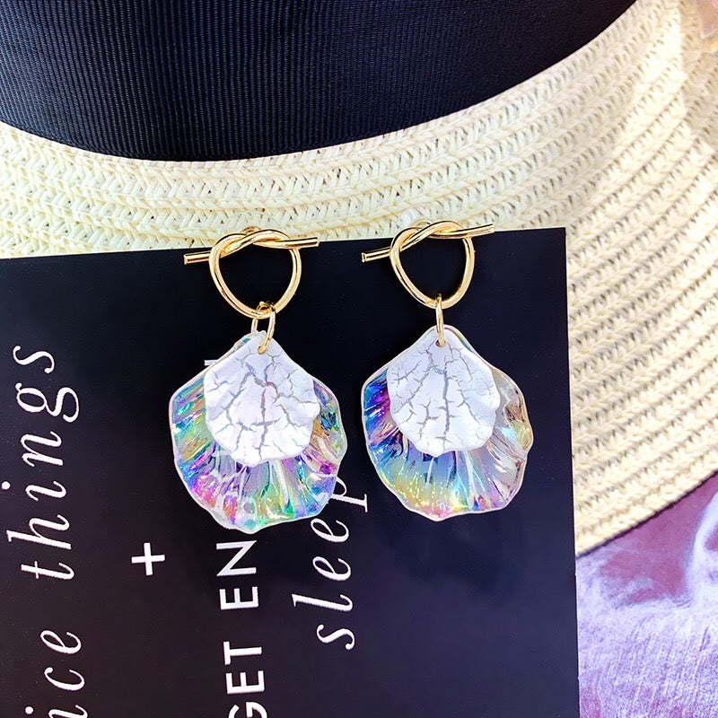 Colorful Rainbow Shell Earrings made from alloy and S925 silver, featuring a multi-petal design.