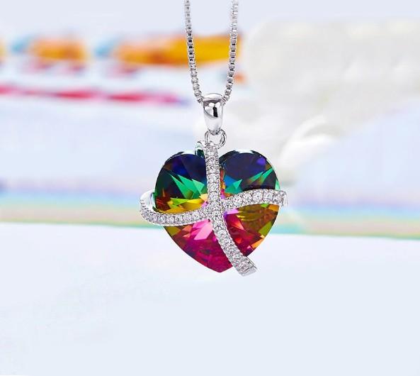 Rainbow Sleek Heart Pavé Lining Necklace in 14K White Gold featuring a heart-shaped pendant with colorful stones on a link chain.